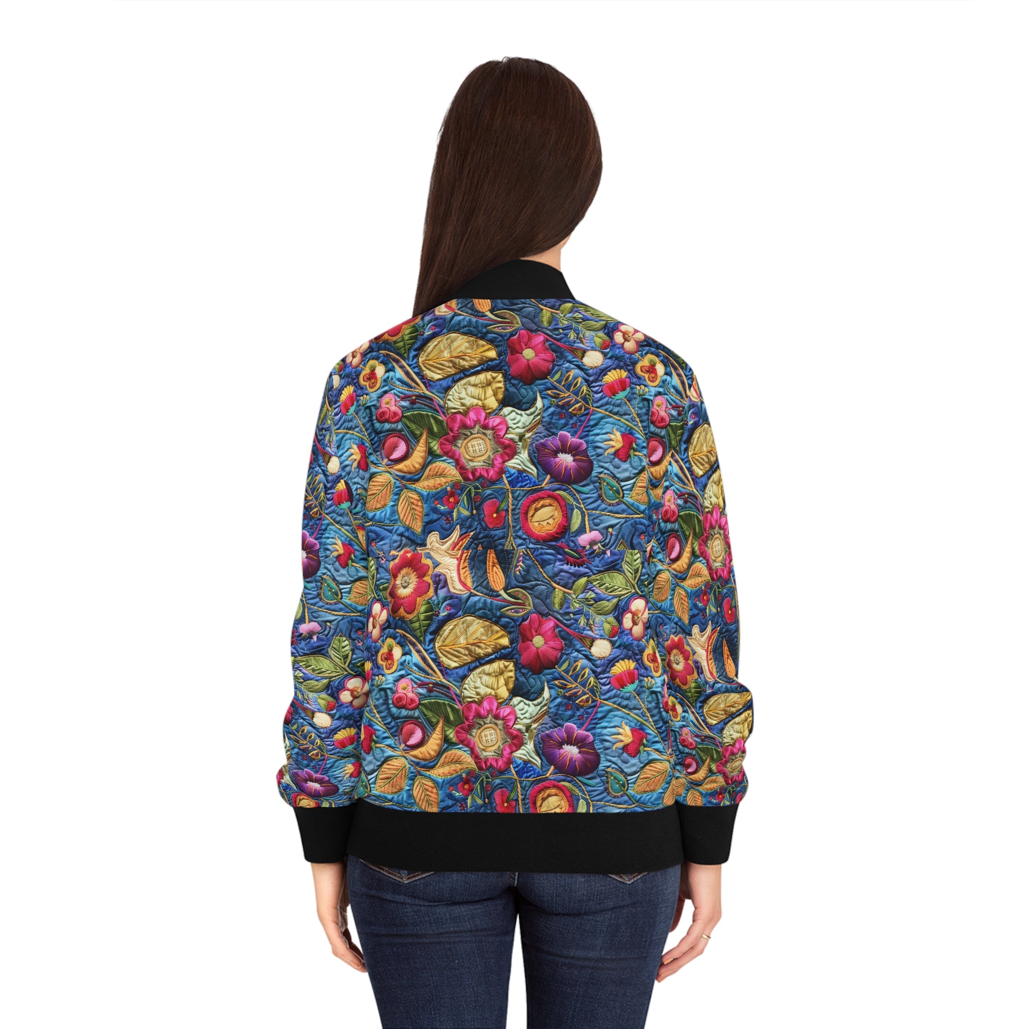 Floral Embroidery Print Bomber Jacket — Colorful Vintage Garden AOP