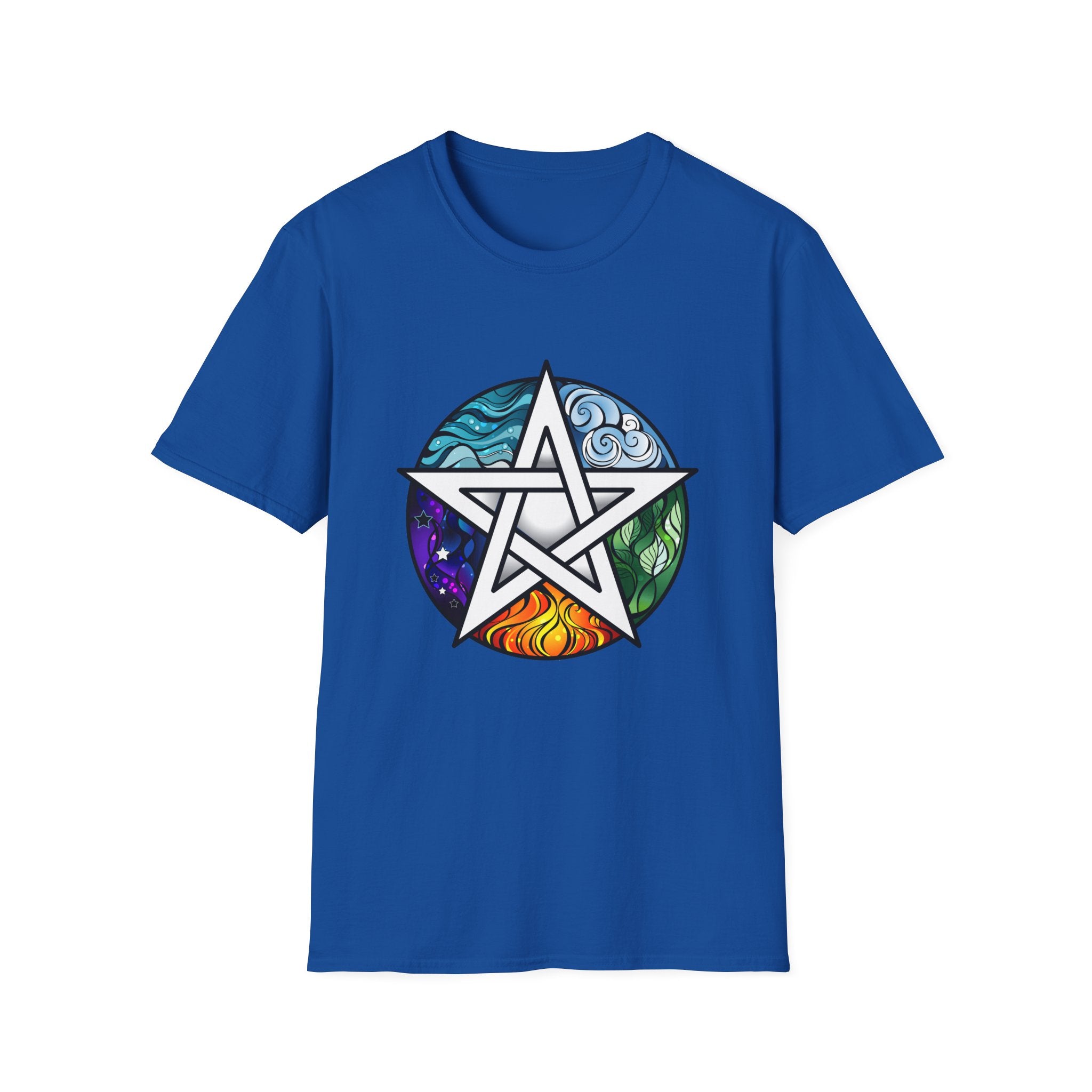 Blue t-shirt with a colorful pentacle design on a white background