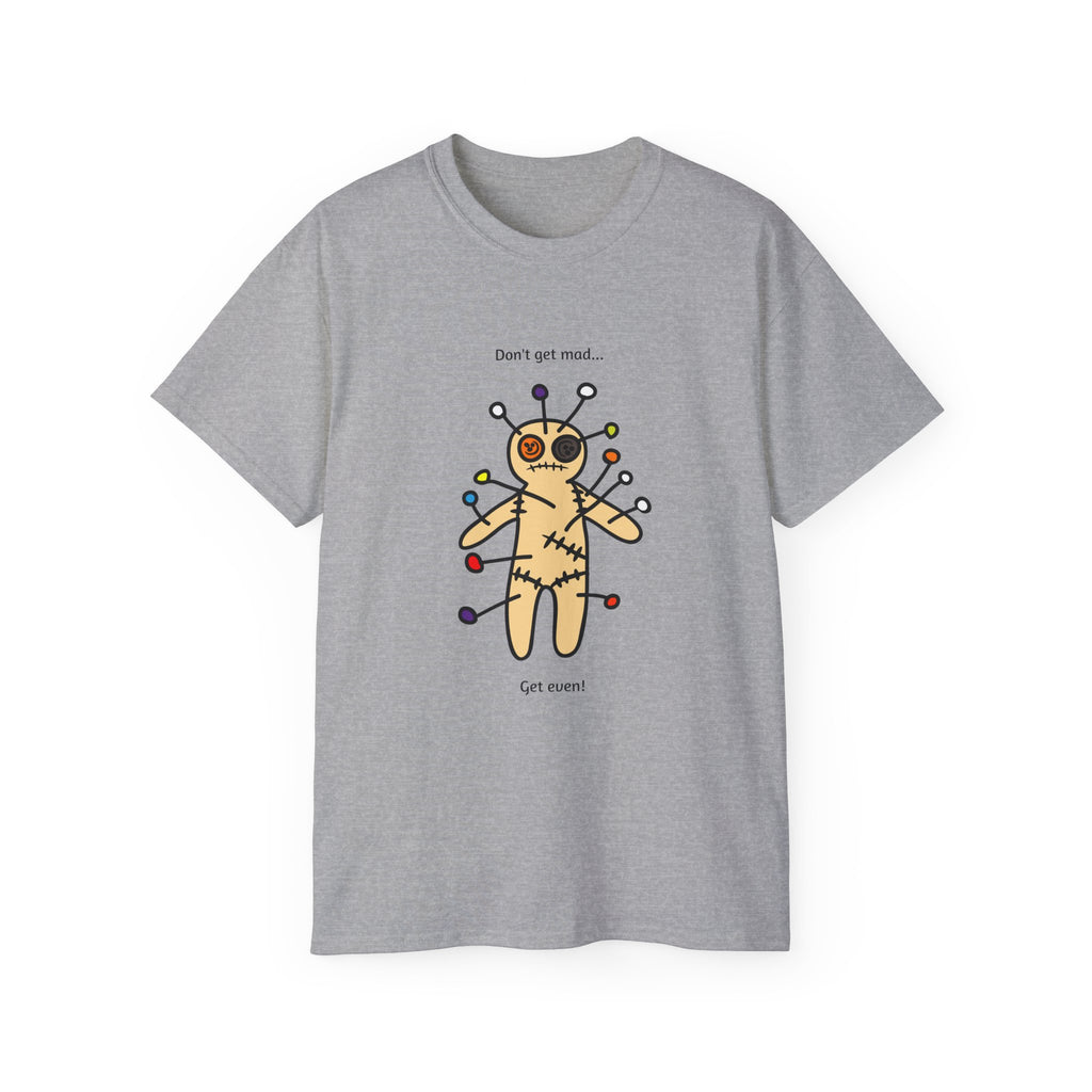 Gray t-shirt with a voodoo doll graphic and text 