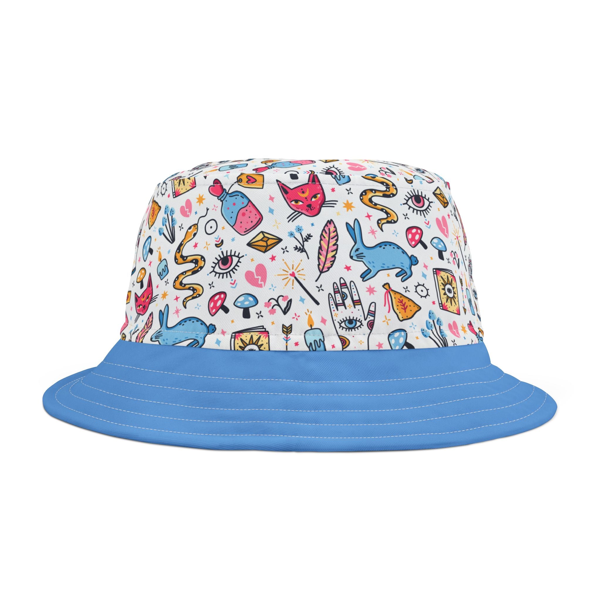 Bucket hat with colorful pattern and blue brim on a white background