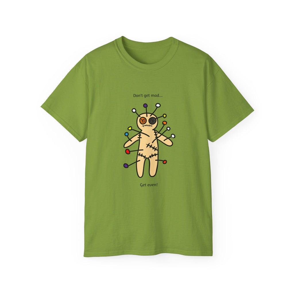Green t-shirt with a voodoo doll graphic and text 