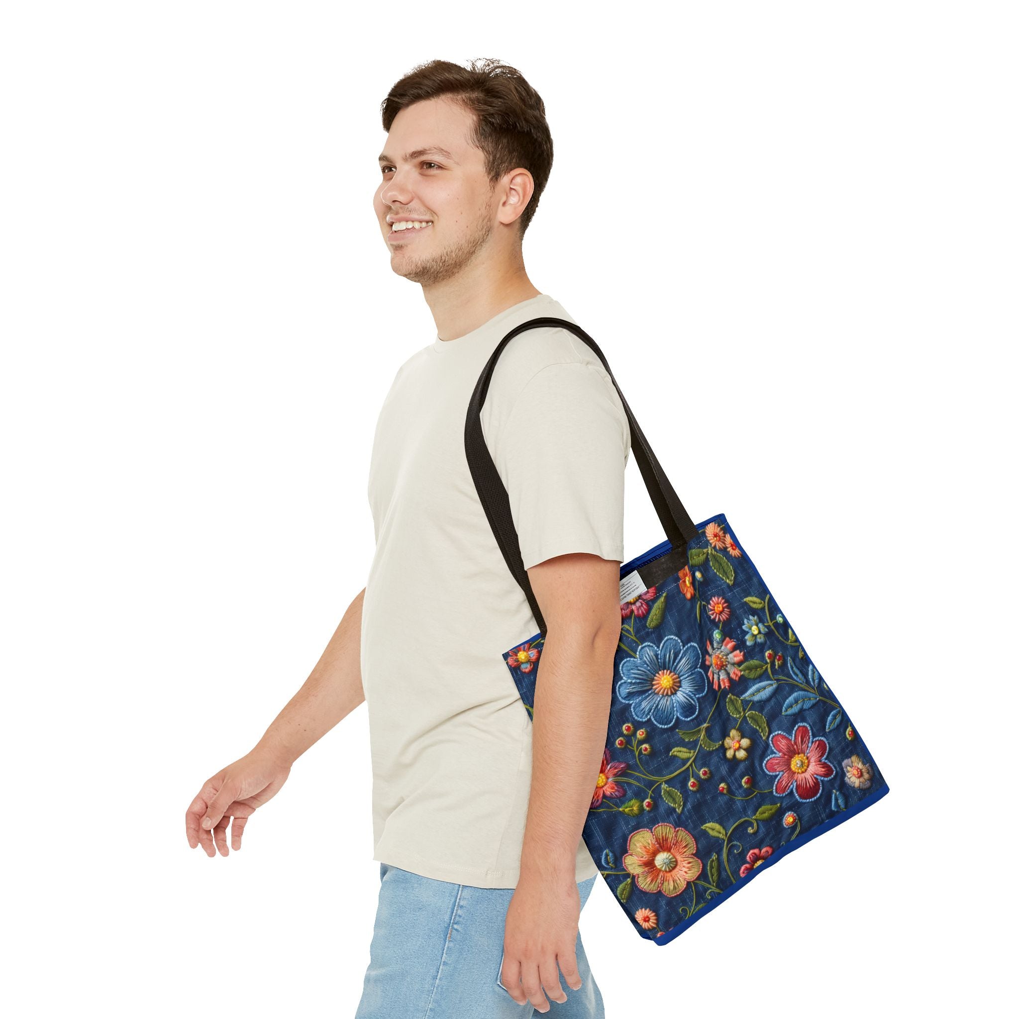 Man carrying a floral tote bag on a white background