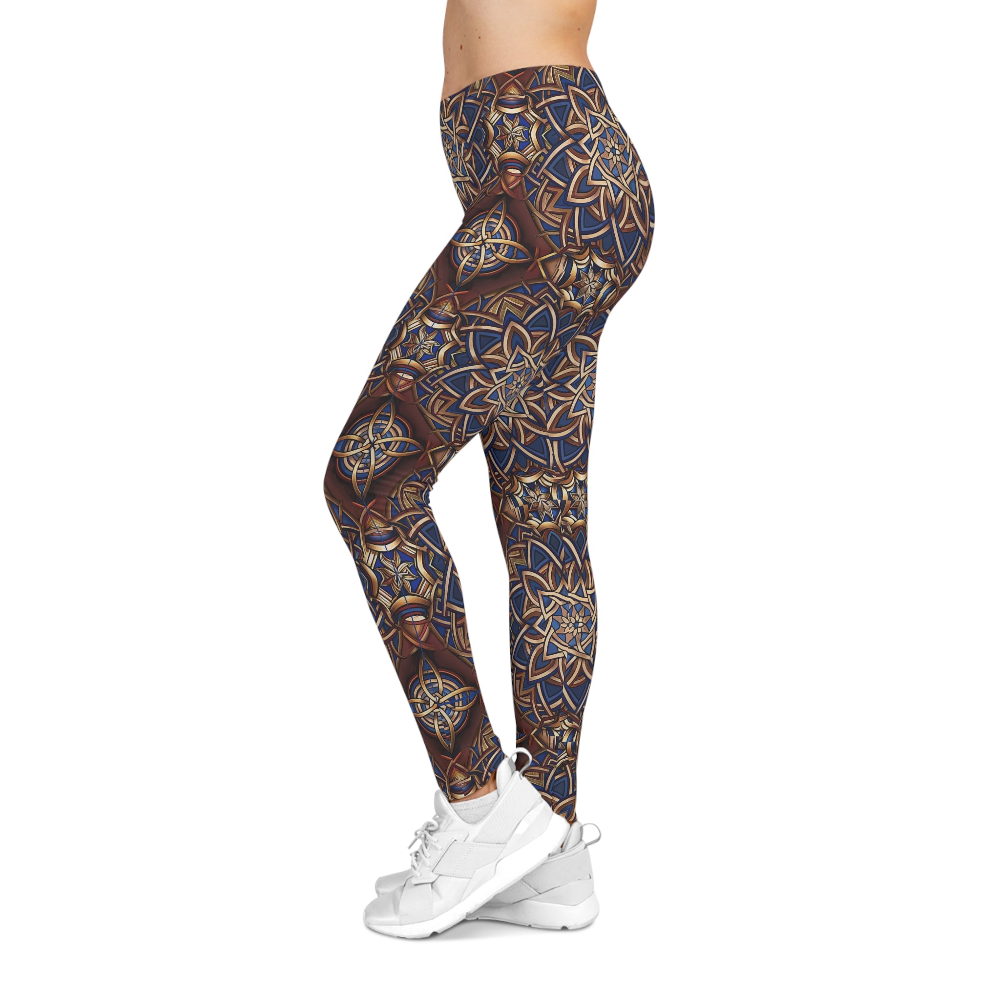 Leggings with a Celtic pattern worn by a person on a white background