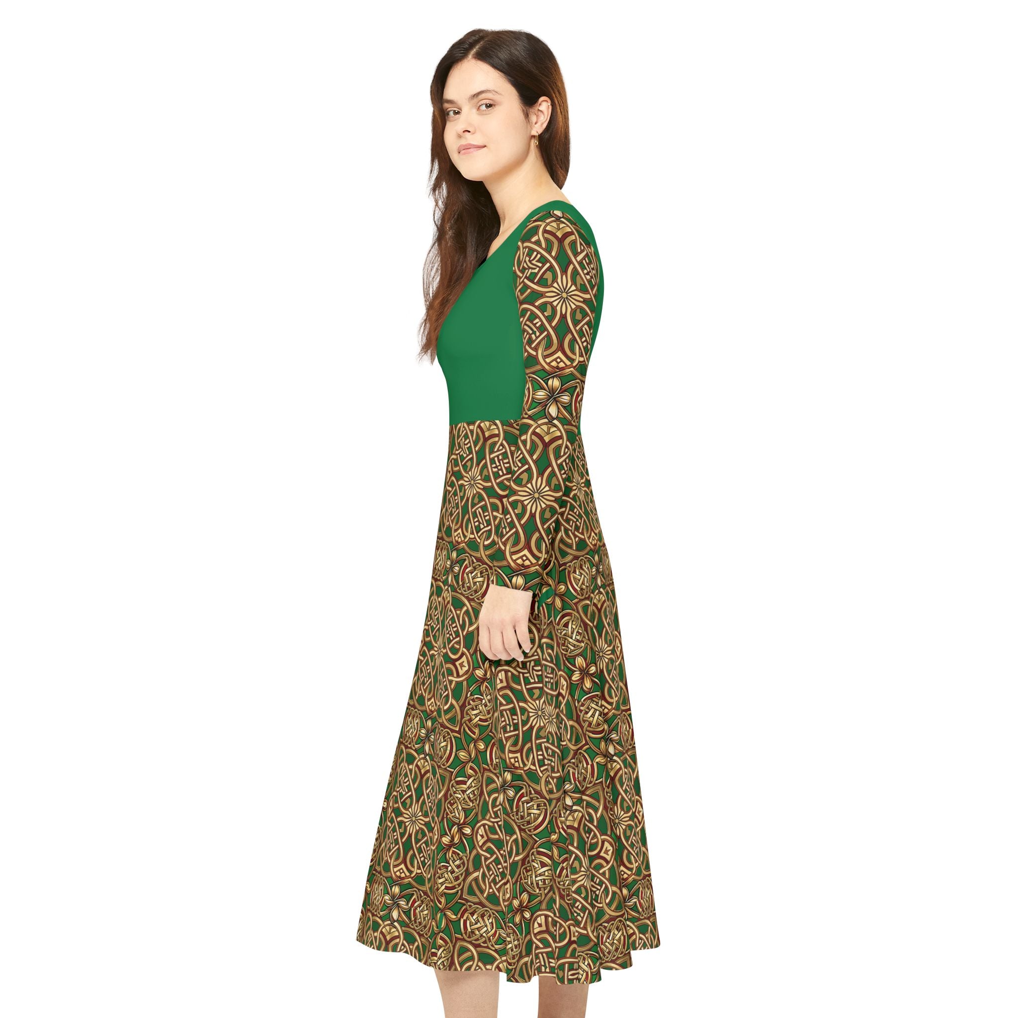 Woman wearing a green and brown patterned dress on a white background