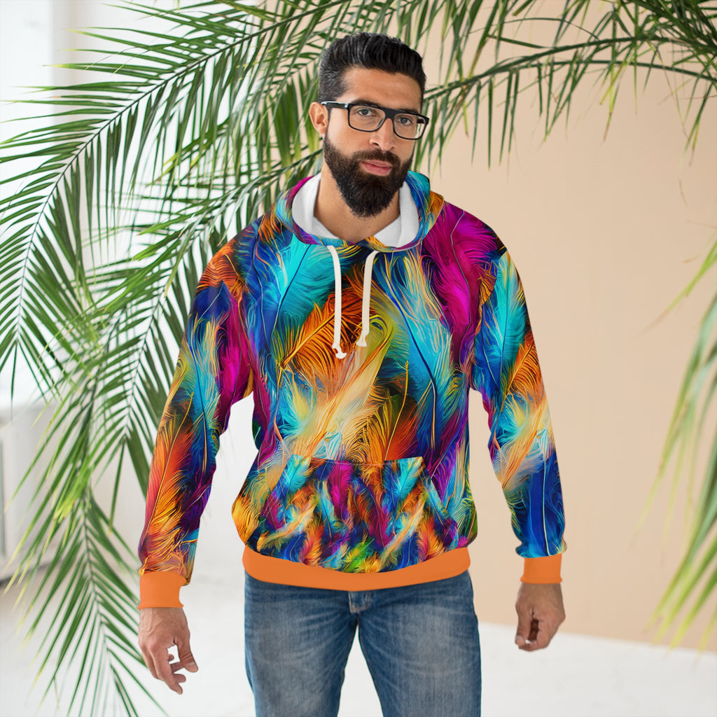Featherburst All-Over Print Hoodie — Vibrant Multicolor Feather Design