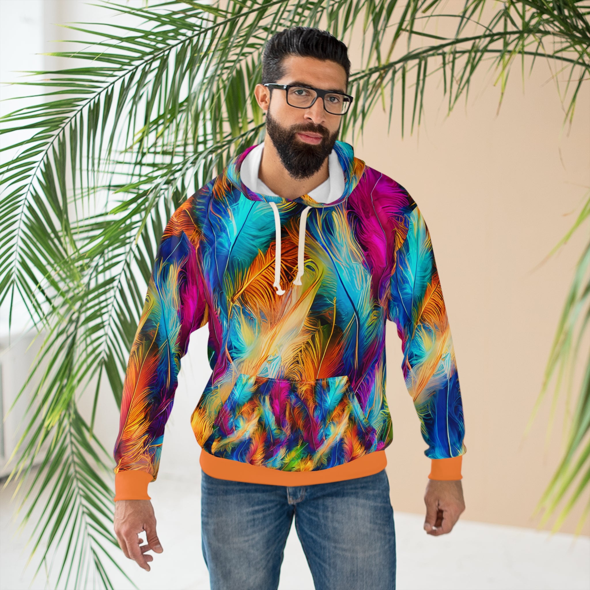 Featherburst All-Over Print Hoodie — Vibrant Multicolor Feather Design