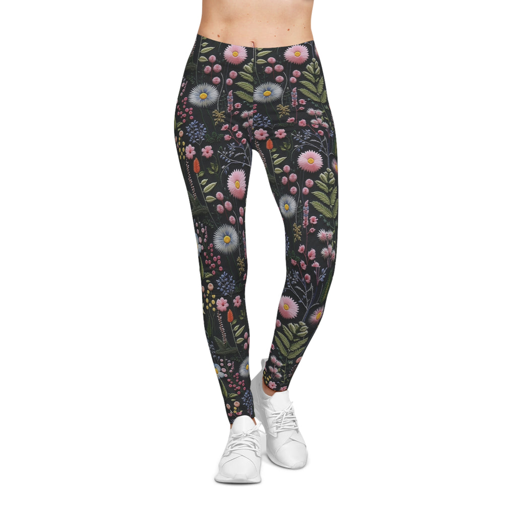 Leggings with floral pattern worn by a person on a white background