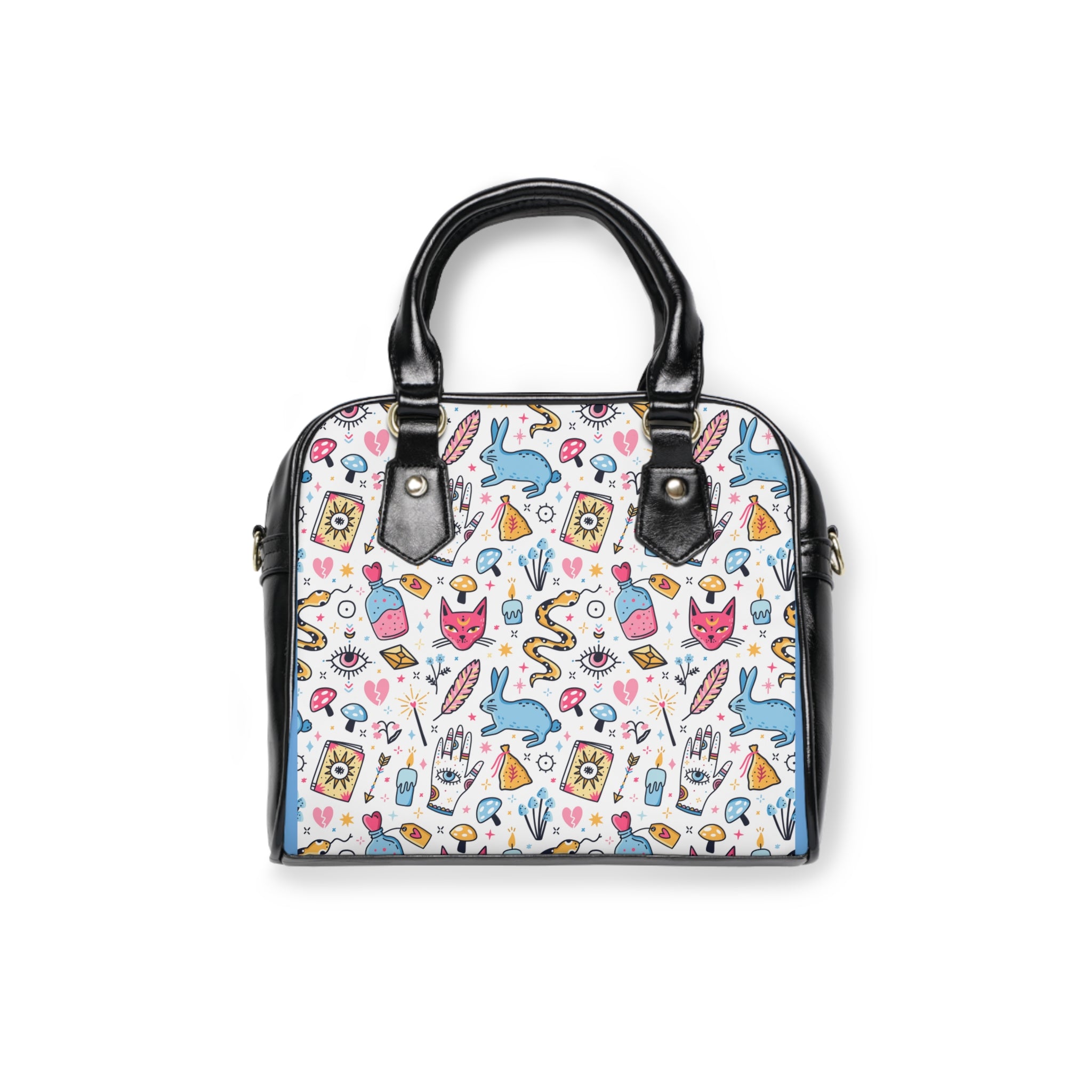 Handbag with colorful pattern on a white background