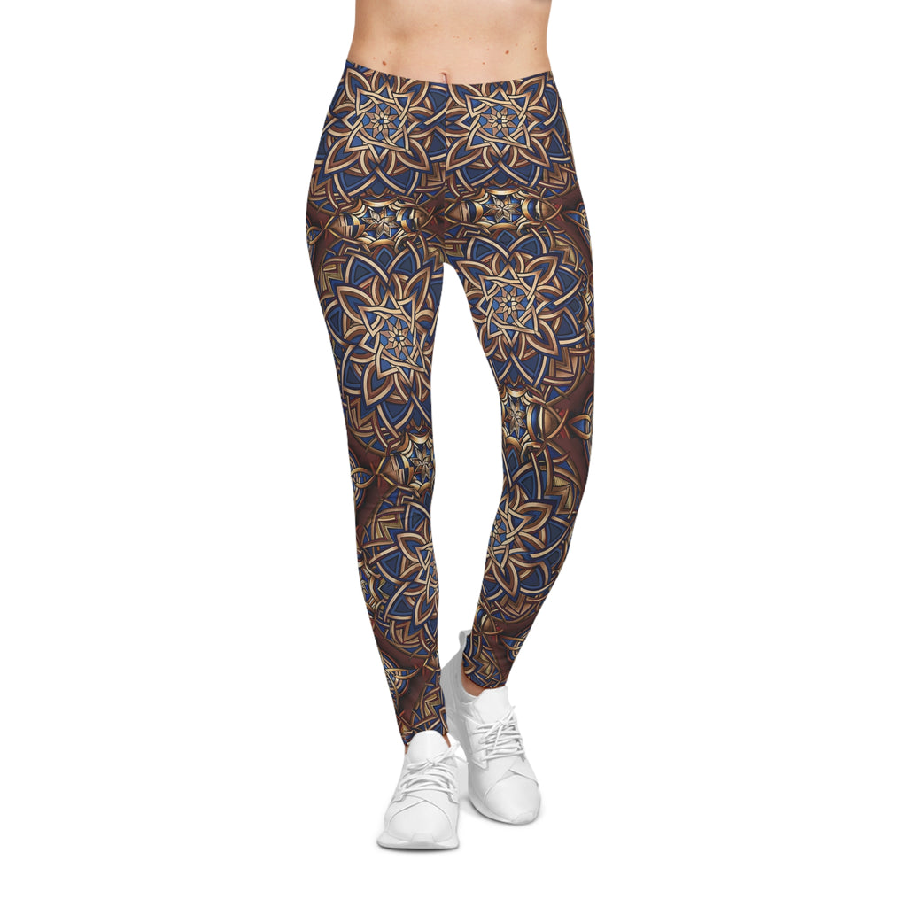 Leggings with a Celtic pattern worn by a person on a white background