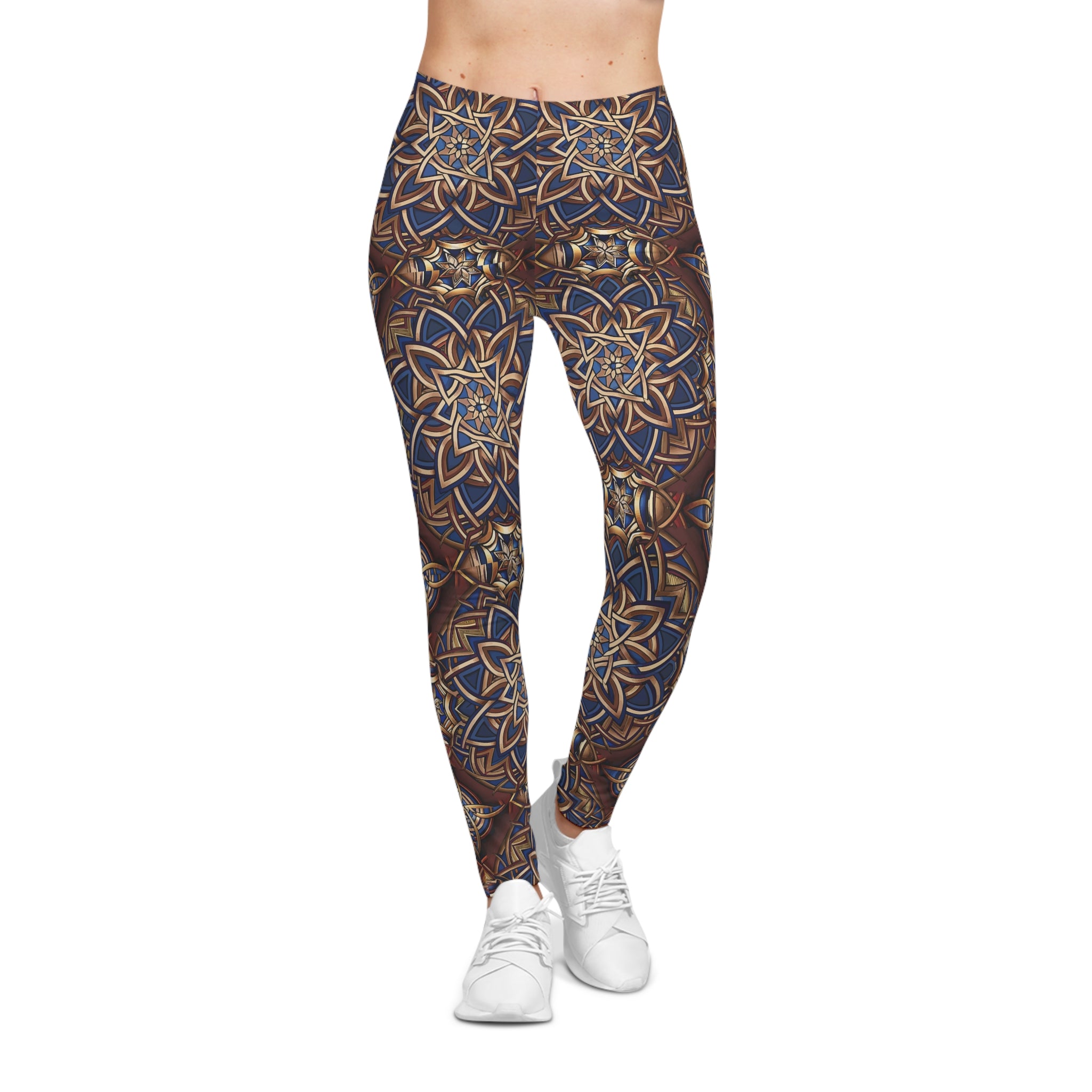 Leggings with a Celtic pattern worn by a person on a white background
