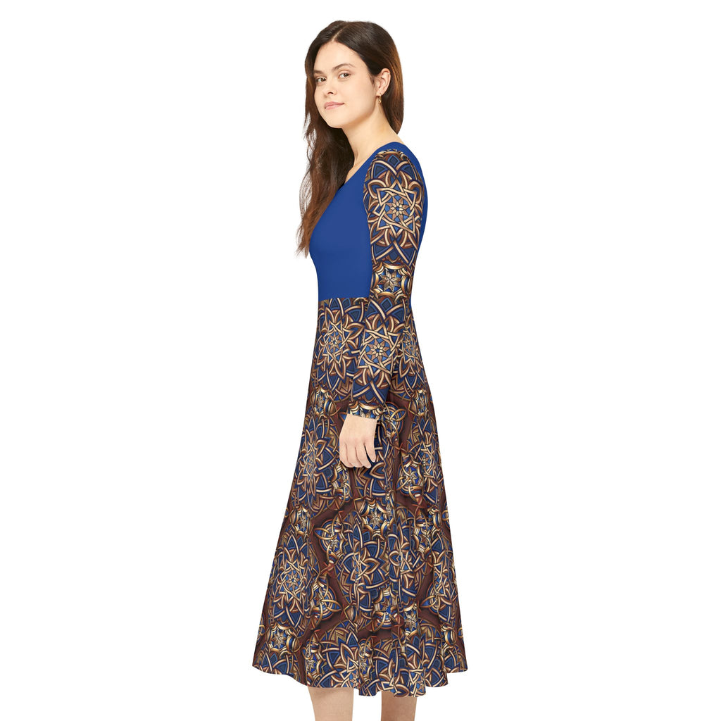  Blue dress with a Celtic patterned skirt on a white background