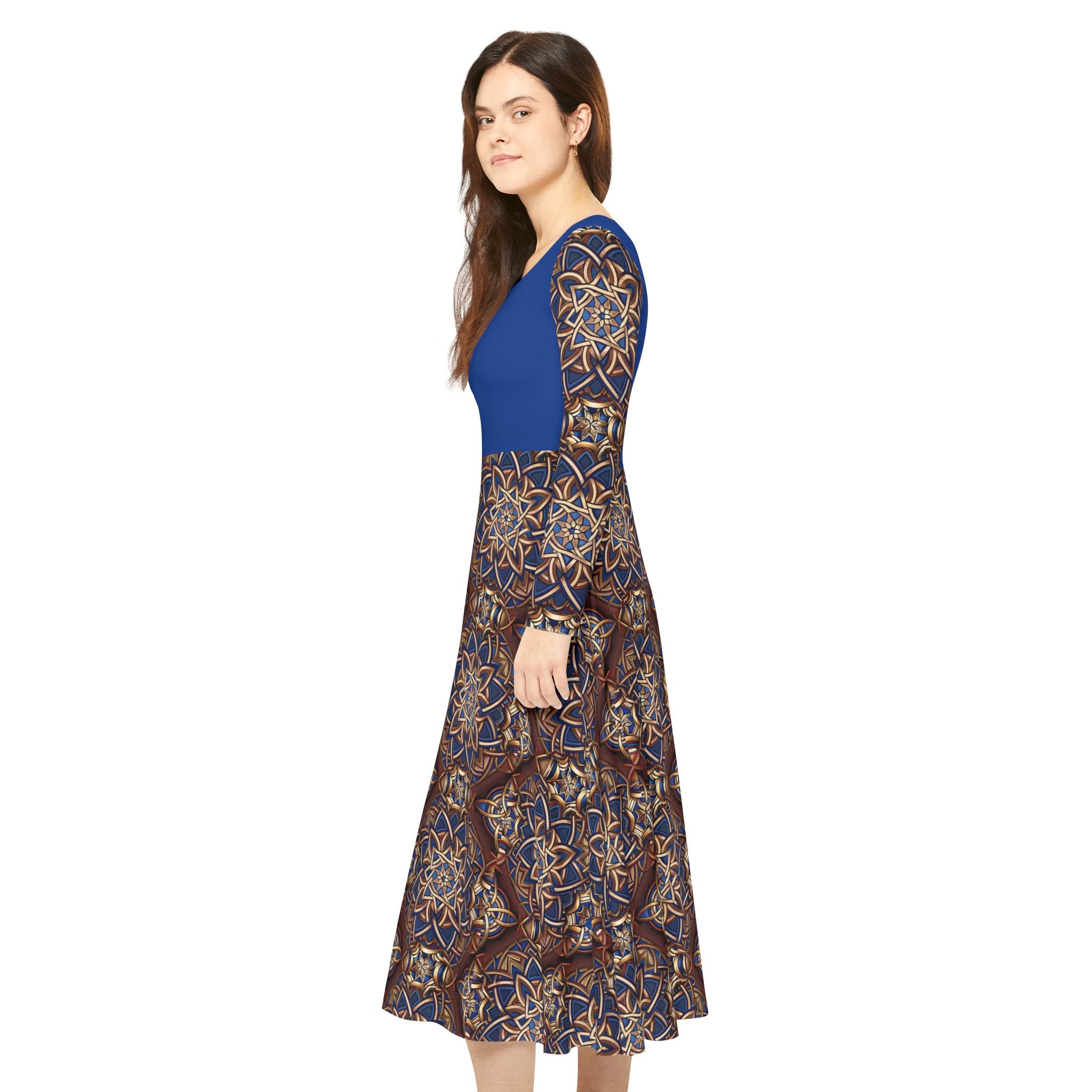  Blue dress with a Celtic patterned skirt on a white background