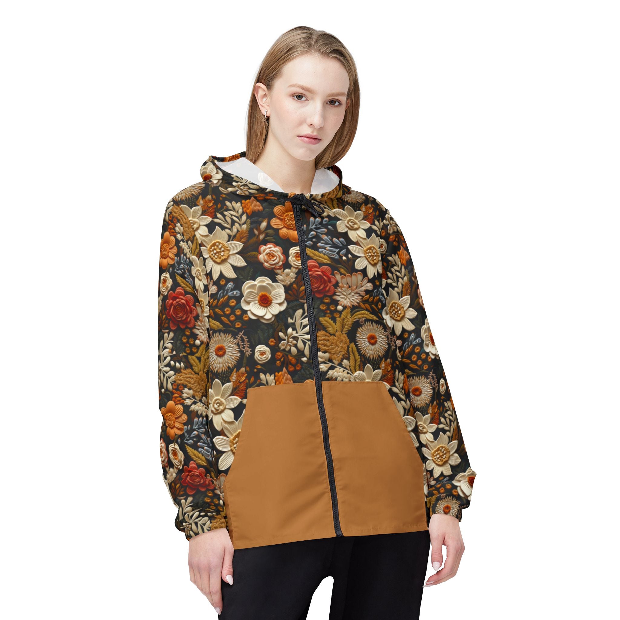 Model wearing a Floral hoodie on a white background.