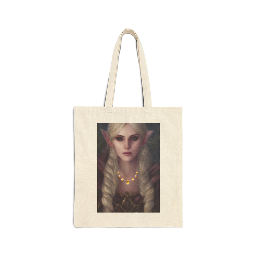 Tote Bag with a Elvish character with long blonde hair and pointed ears wearing a necklace with yellow Topaz stones.