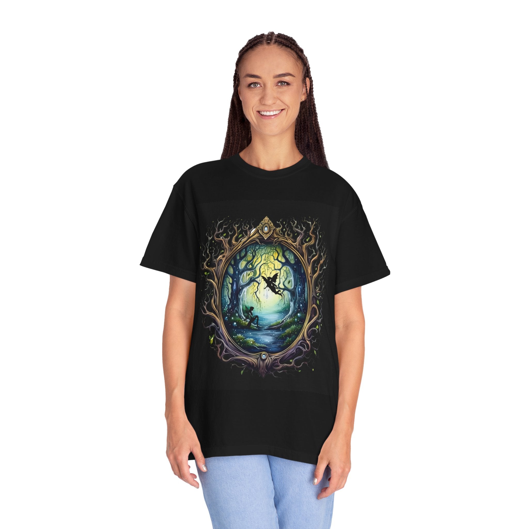 Woman wearing a black t-shirt with a fantasy design 