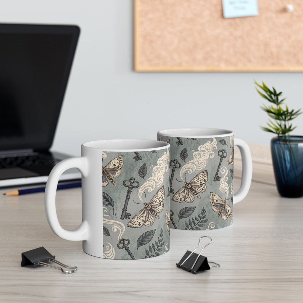 Two mugs with decorative patterns on a desk with office supplies.