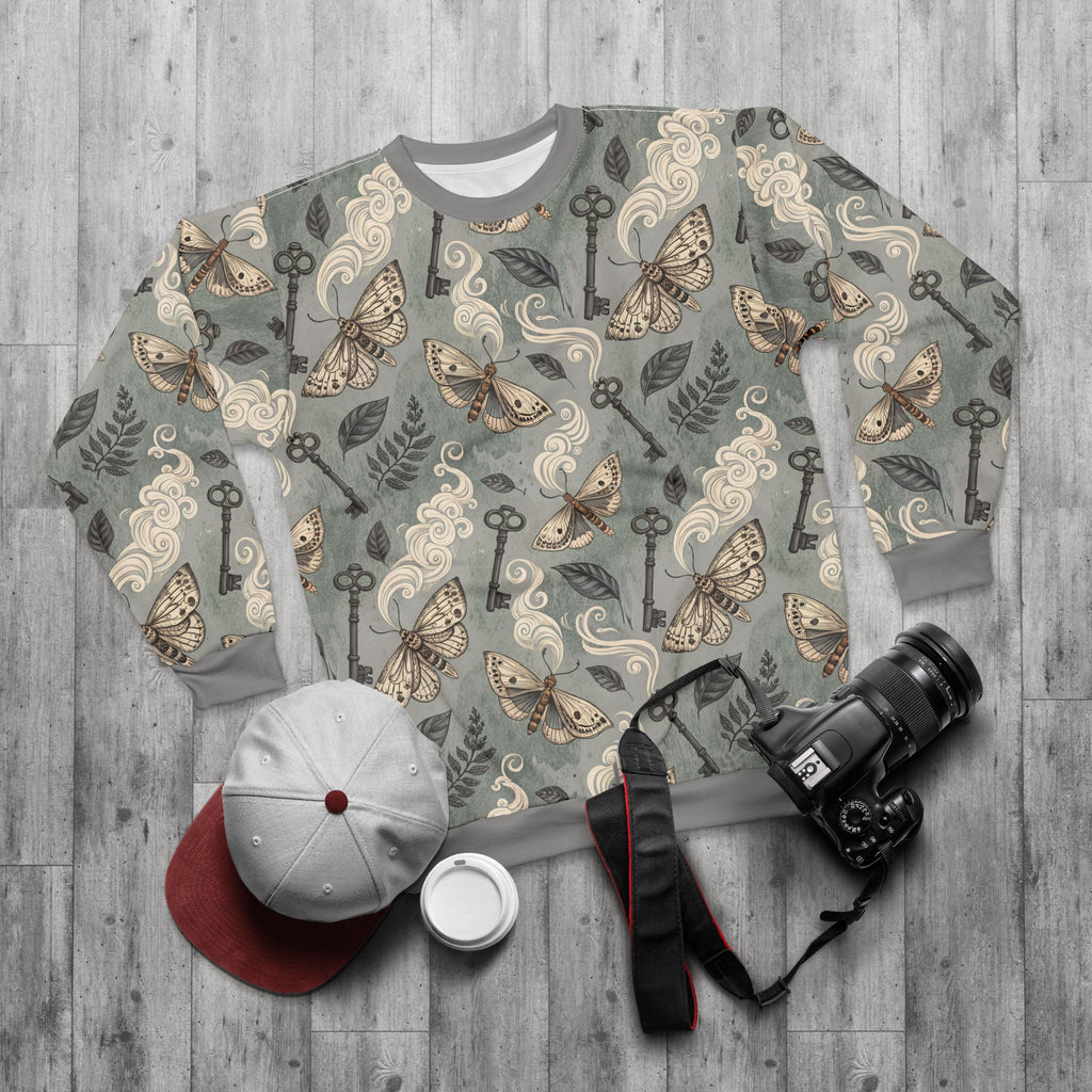 T-shirt with moth and key pattern on a wooden surface with accessories.
