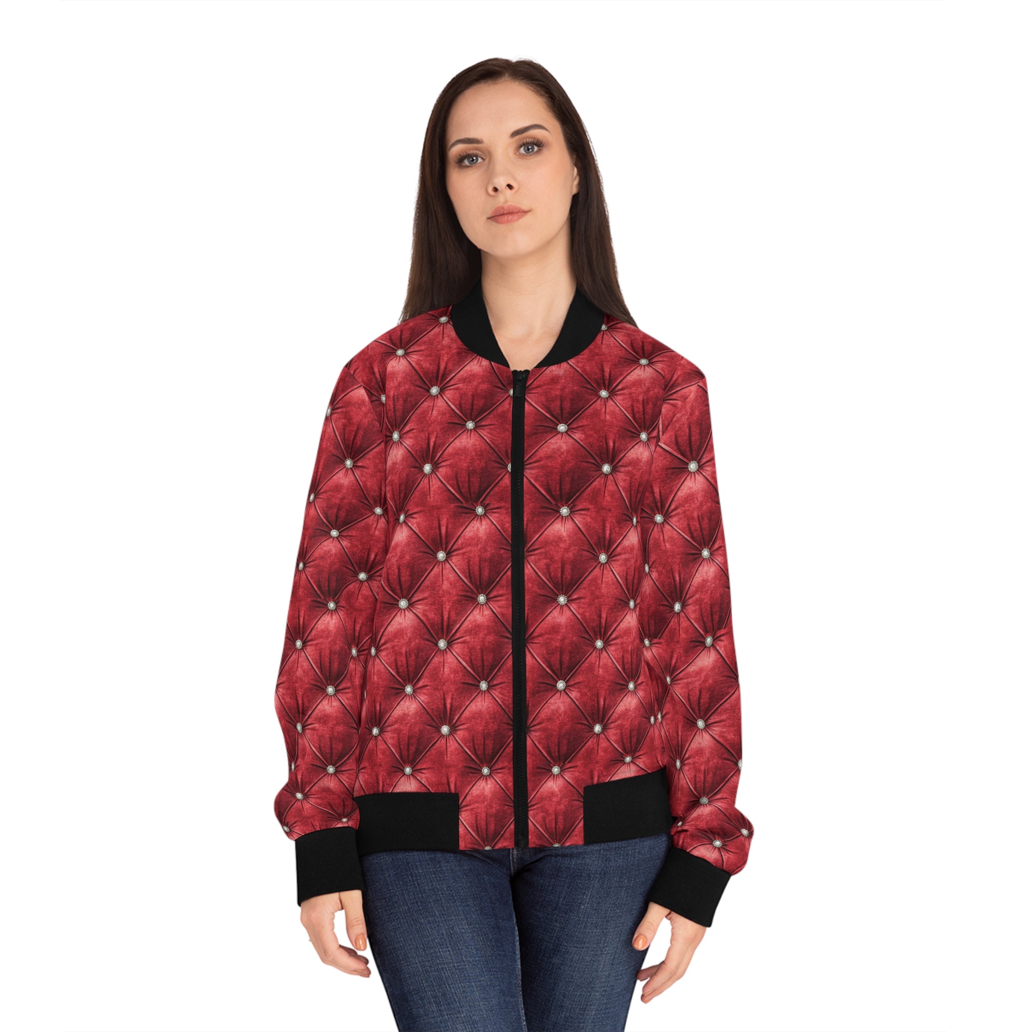 Faux tufted red jacket ona person on a white background.