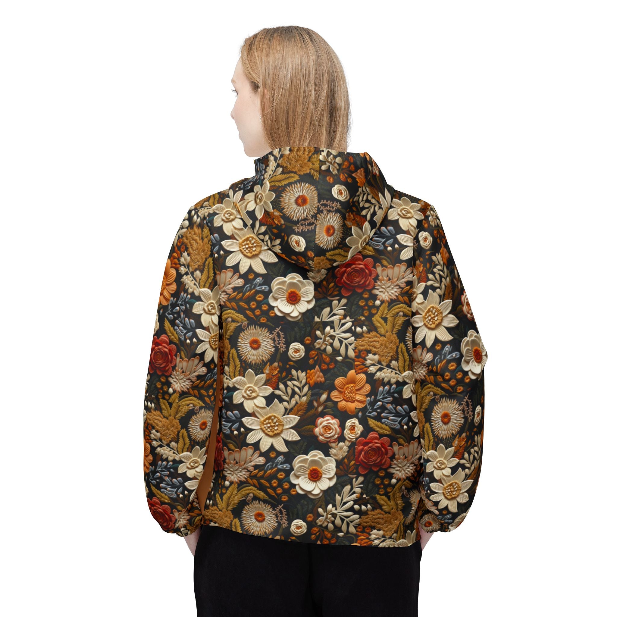 Model wearing a Floral hoodie on a white background.