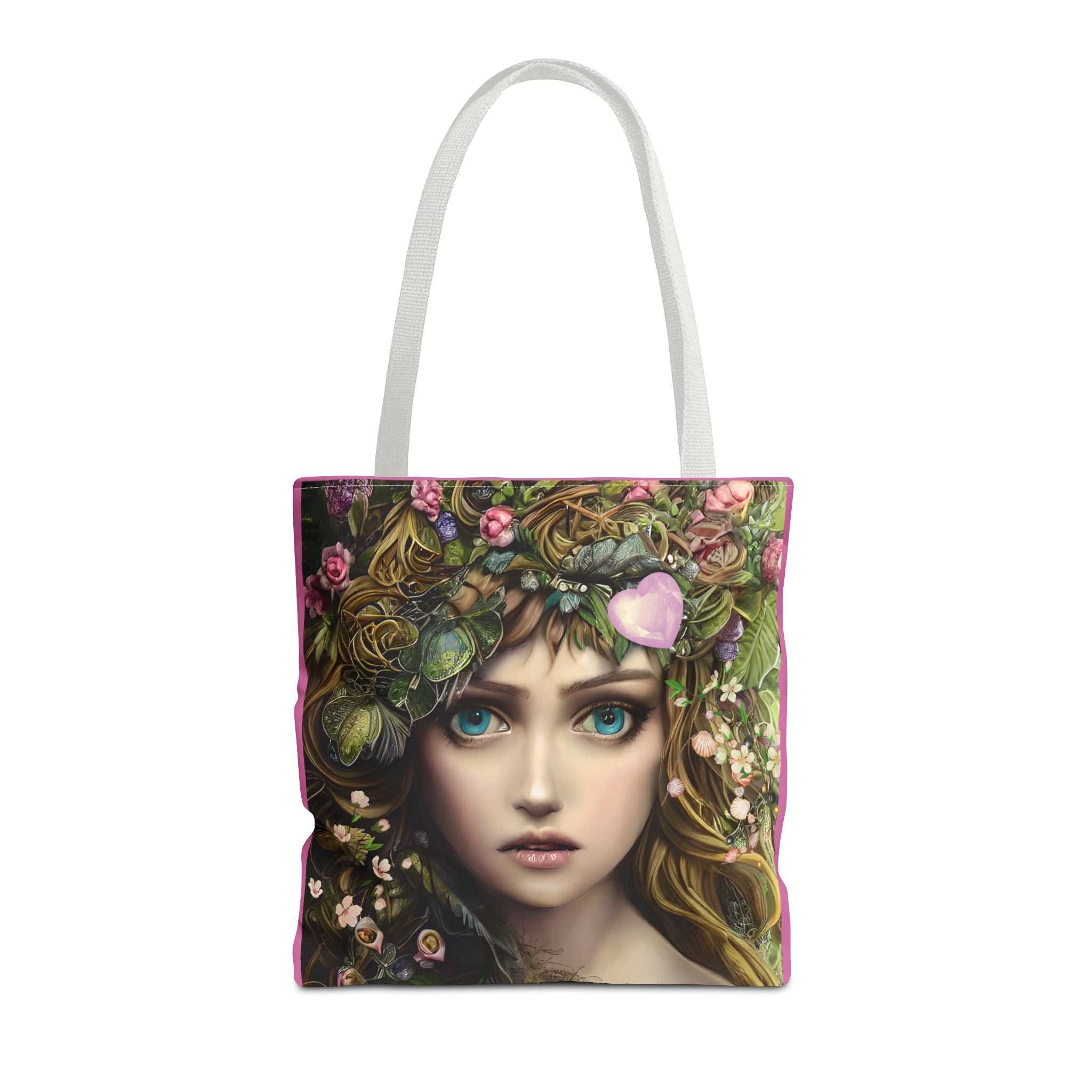 Tote bag with a design of a woman's face surrounded by flowers and leaves