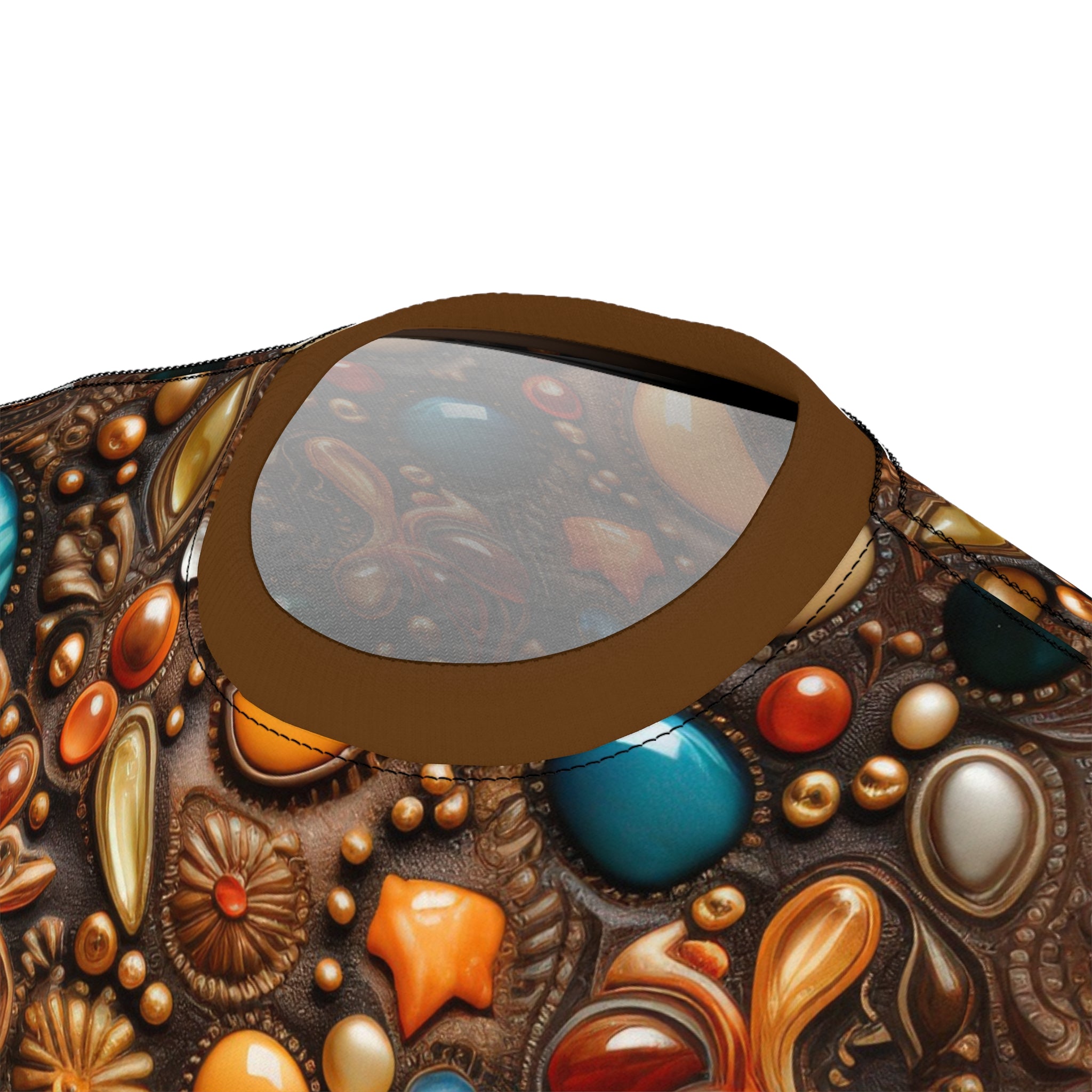 Collar of a Faux jewel toned t-shirt on white background.