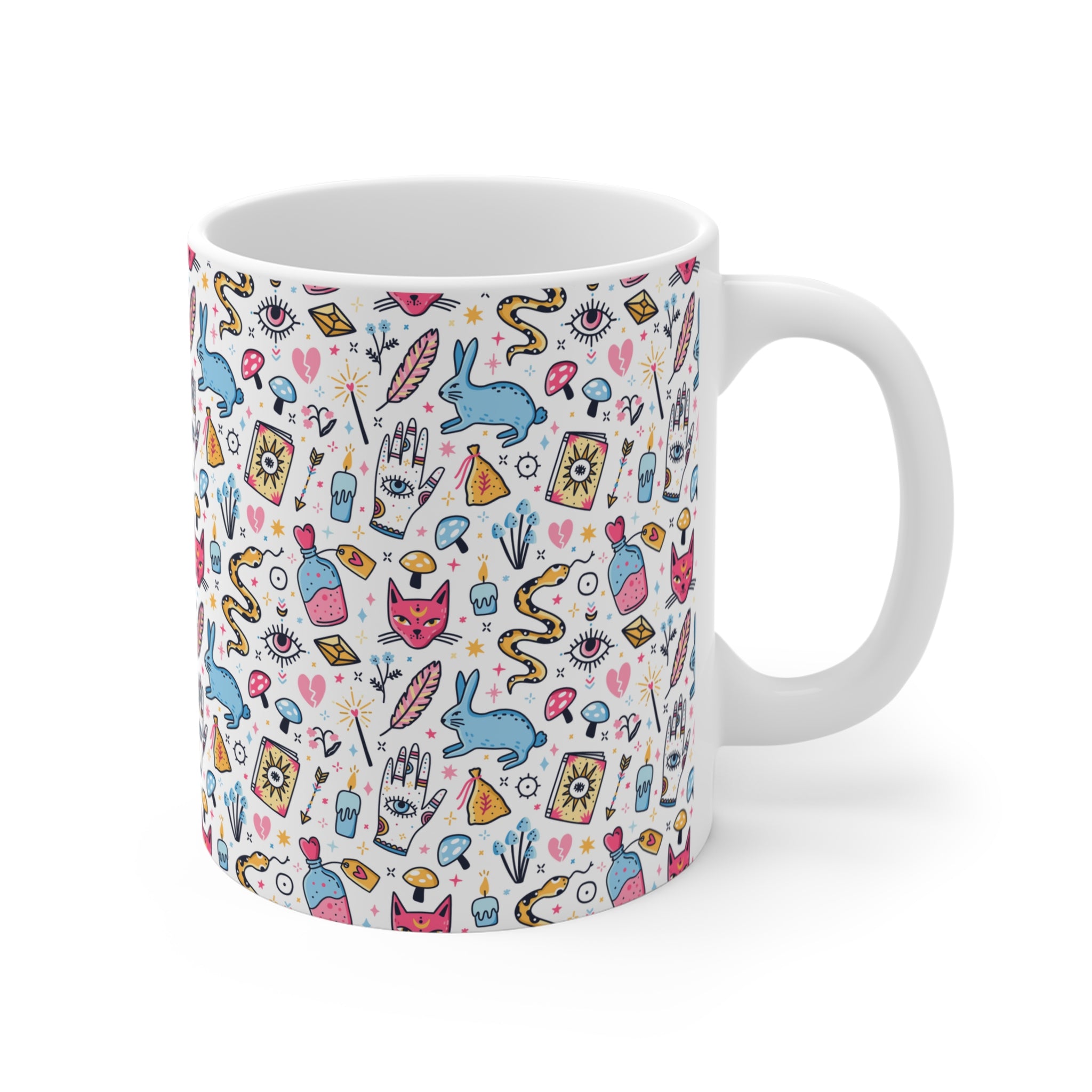 White mug with colorful magic elements on a white background