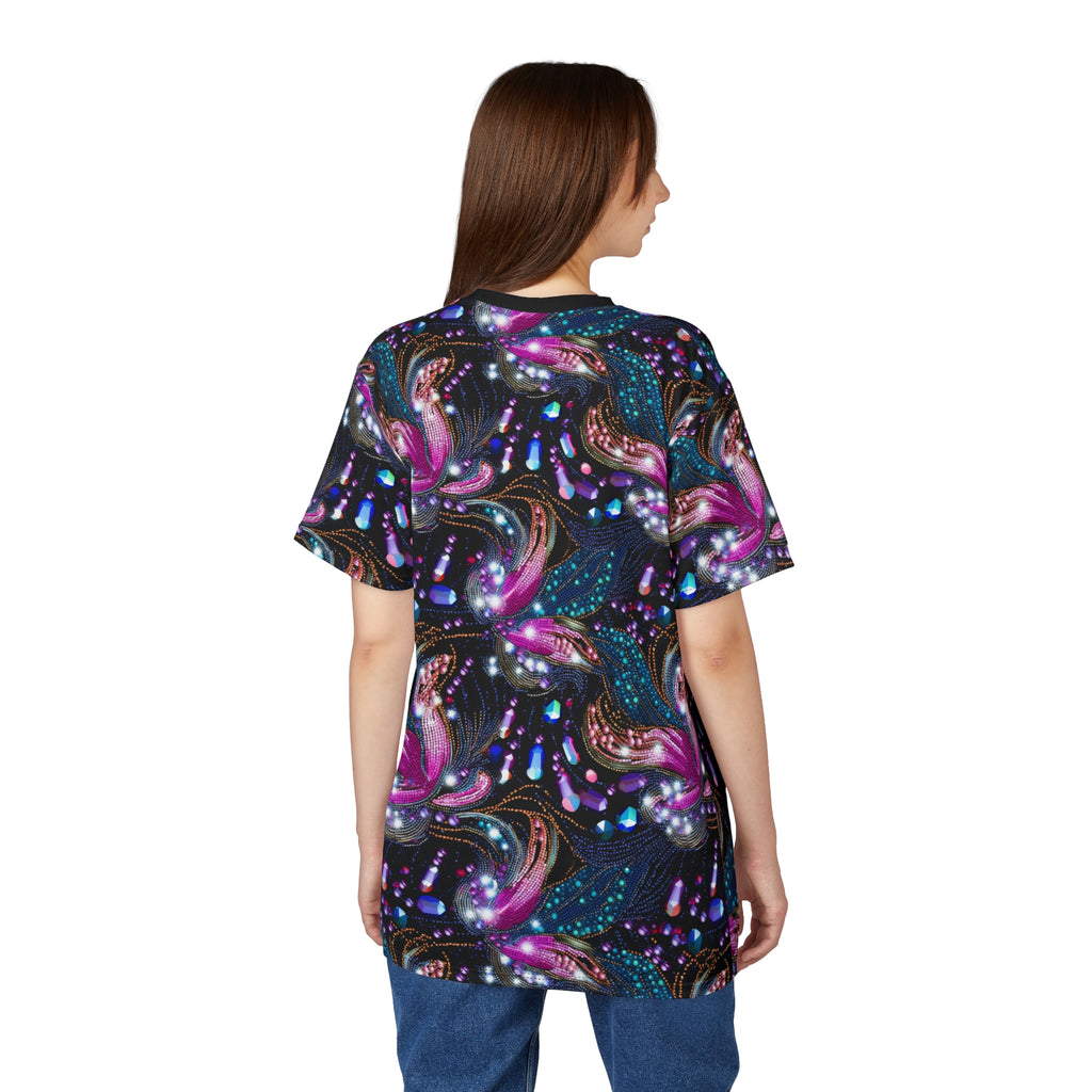 Woman wearing a colorful, patterned shirt on a white background