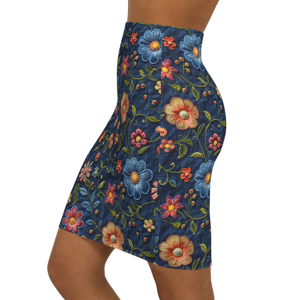 Floral Embroidered Look Denim Pencil Skirt — Mid‑Waist Retro Flower Print