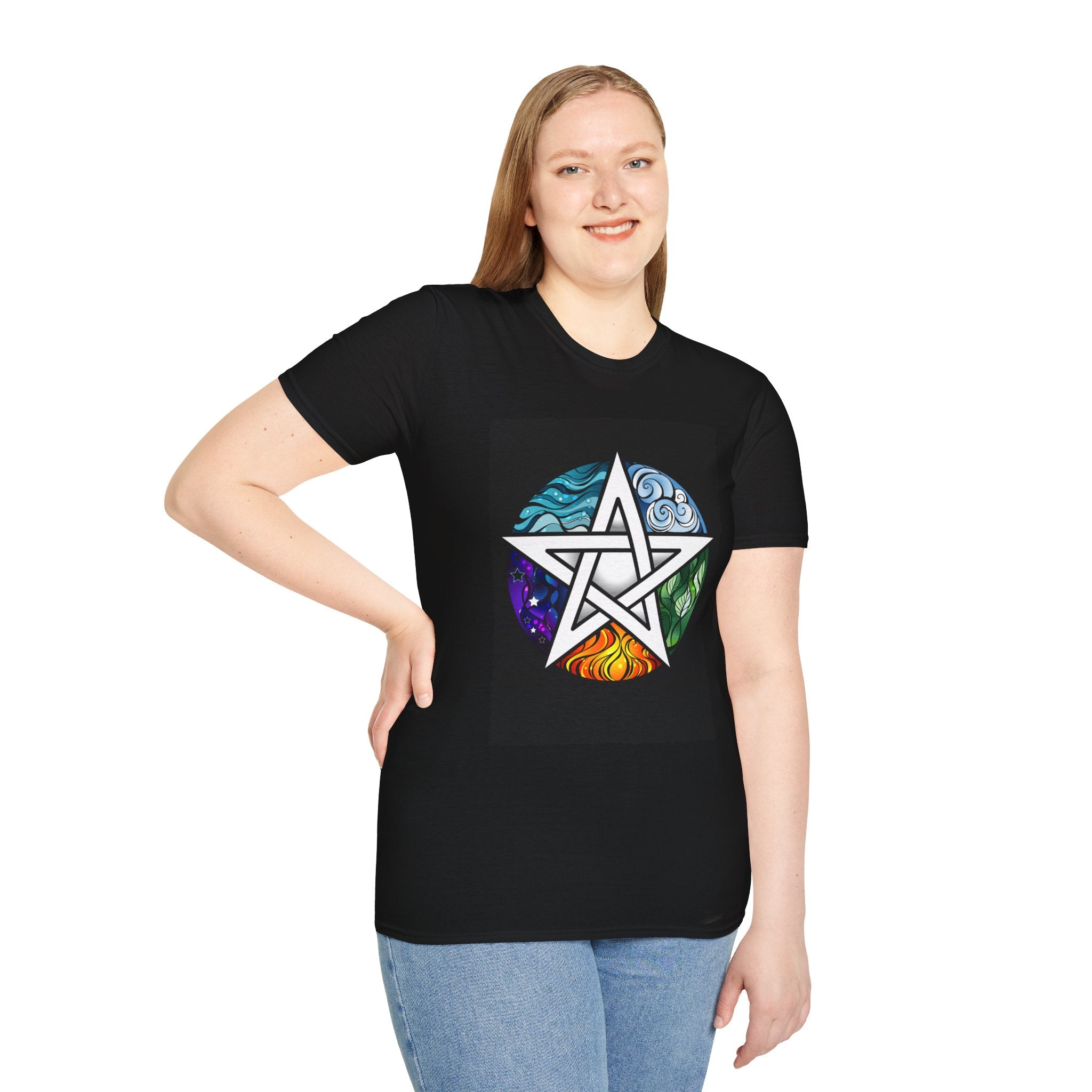 Model wearing a Black t-shirt with a colorful pentacle design 