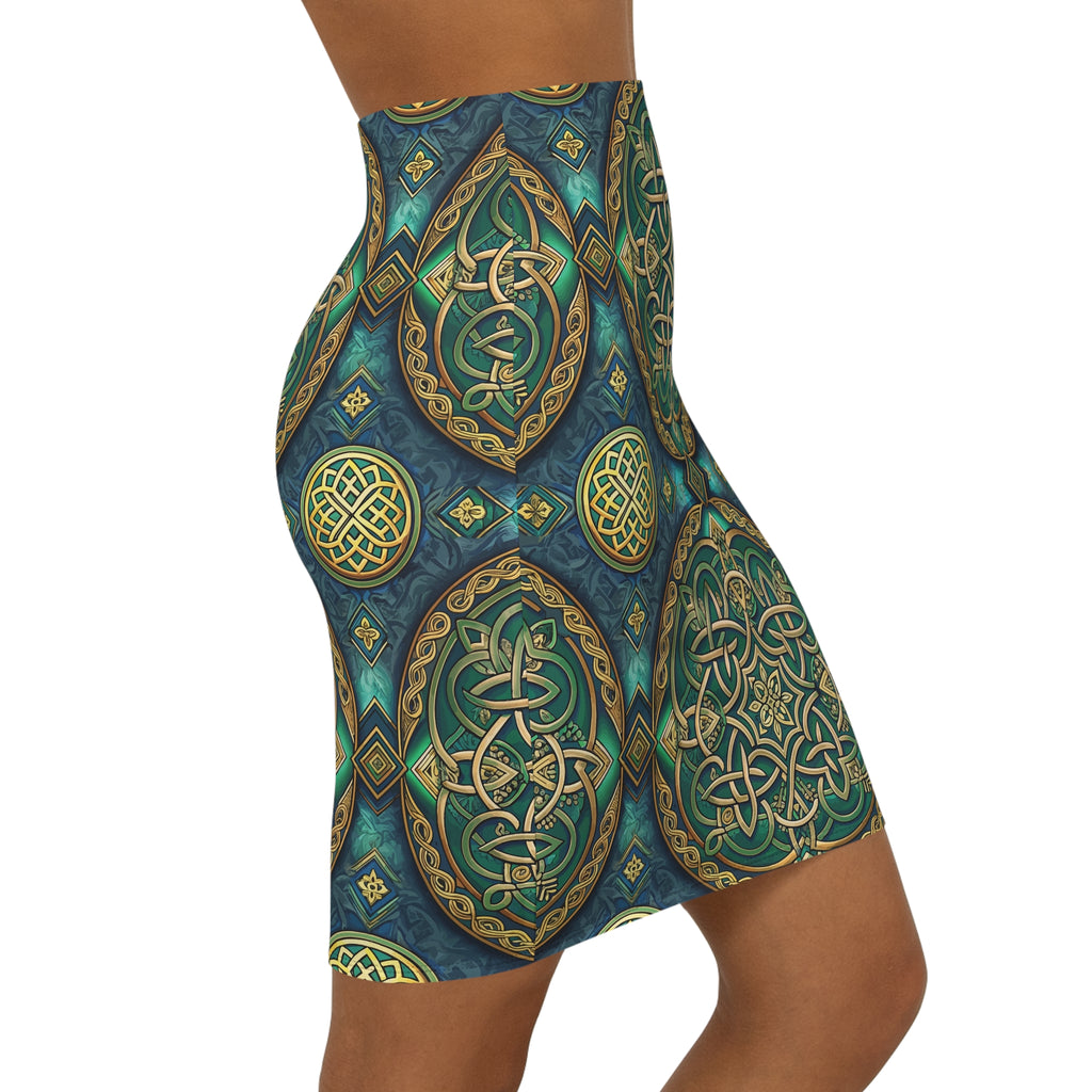 Shorts with intricate Celtic green and gold patterns on a white background