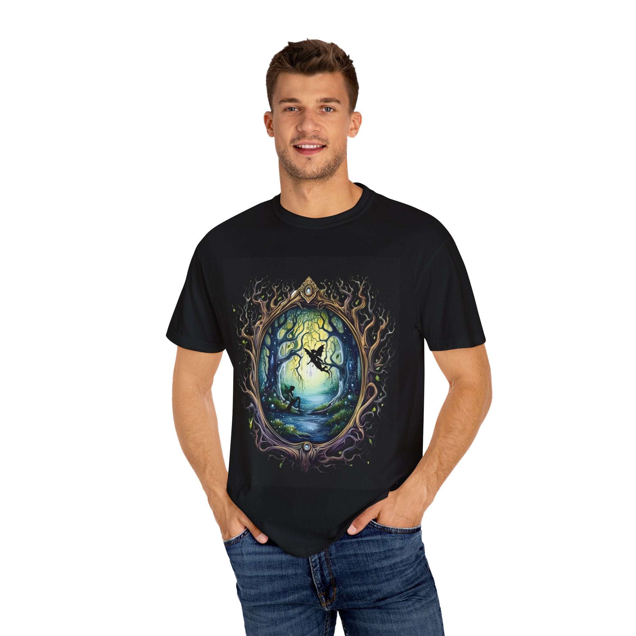 Man wearing a black t-shirt with a fantasy design 