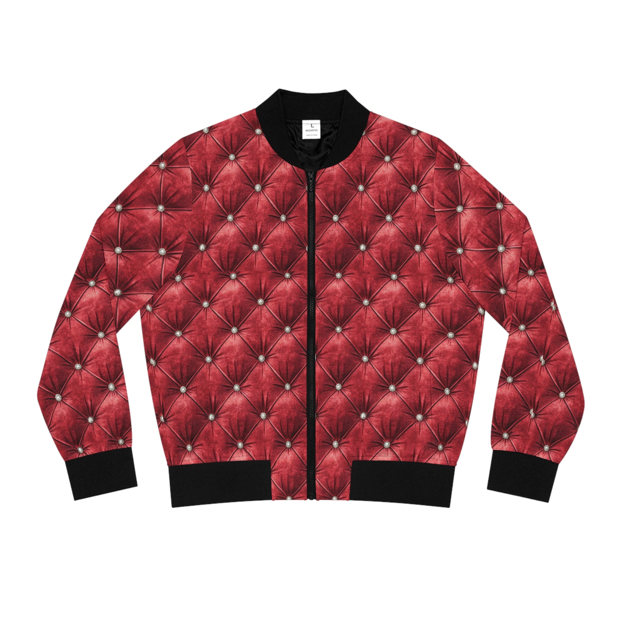 Faux tufted red jacket on a white background.