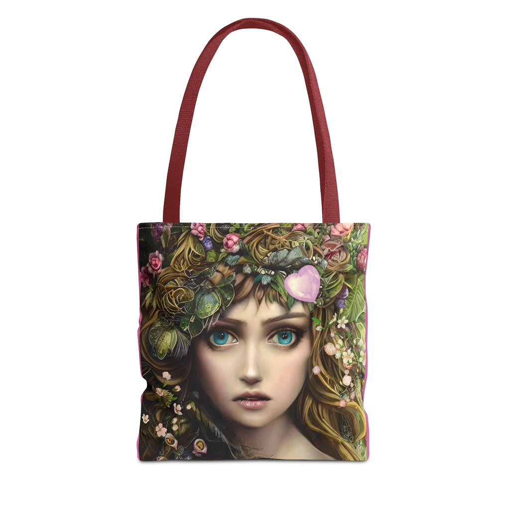 Tote bag with a design of a woman's face surrounded by flowers and leaves