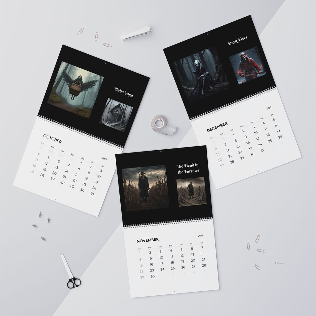 Three calendar pages showing different images on a light gray background