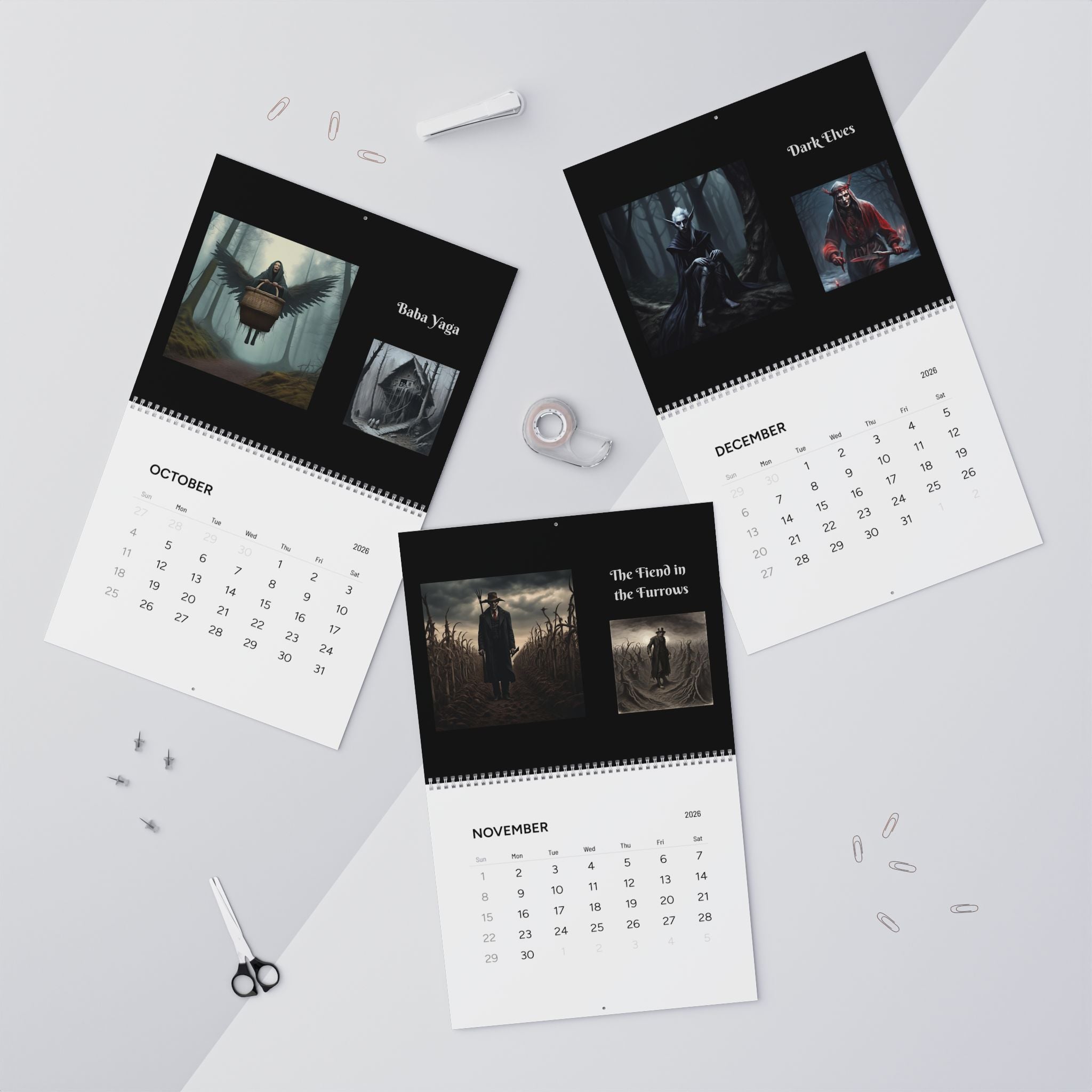 Three calendar pages showing different images on a light gray background
