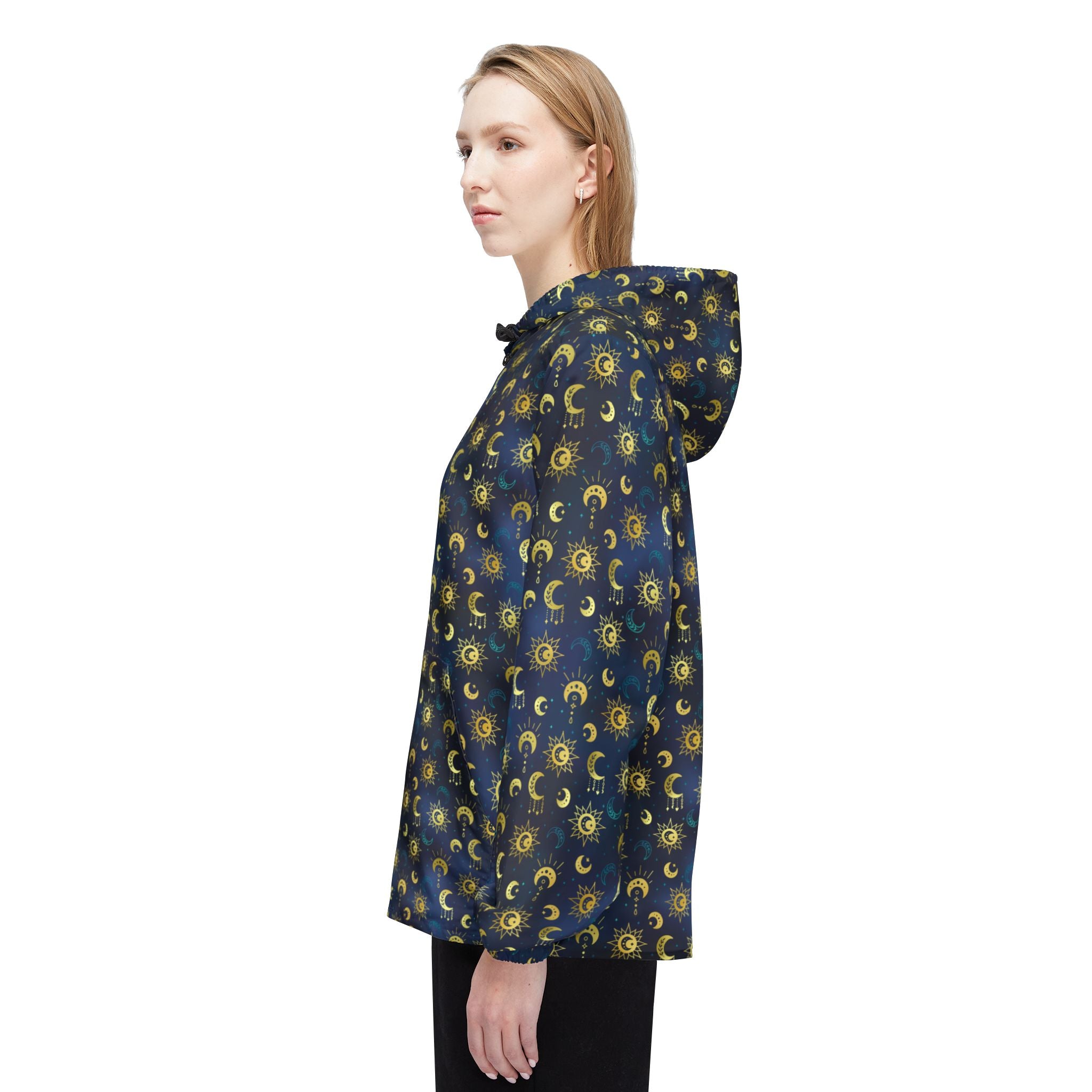 Bohemian Moon Windbreaker Jacket — Night Sky Pattern with Gold Pockets