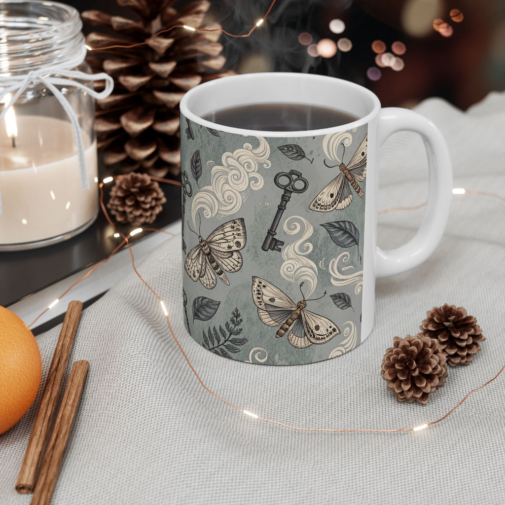 Mug with decorative design on a table with candles, oranges, and pine cones.