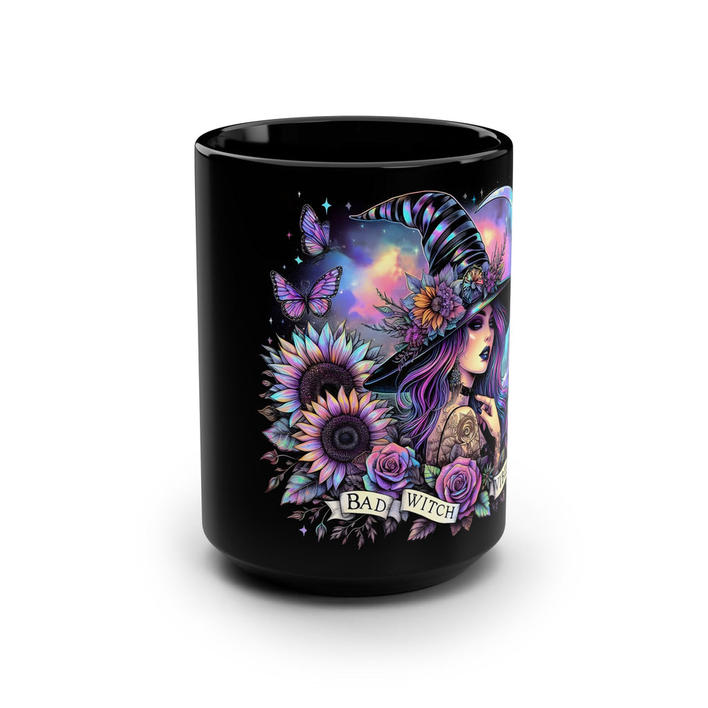 Black mug with a colorful witch design and 'Bad Witch Vibes' text on a black background
