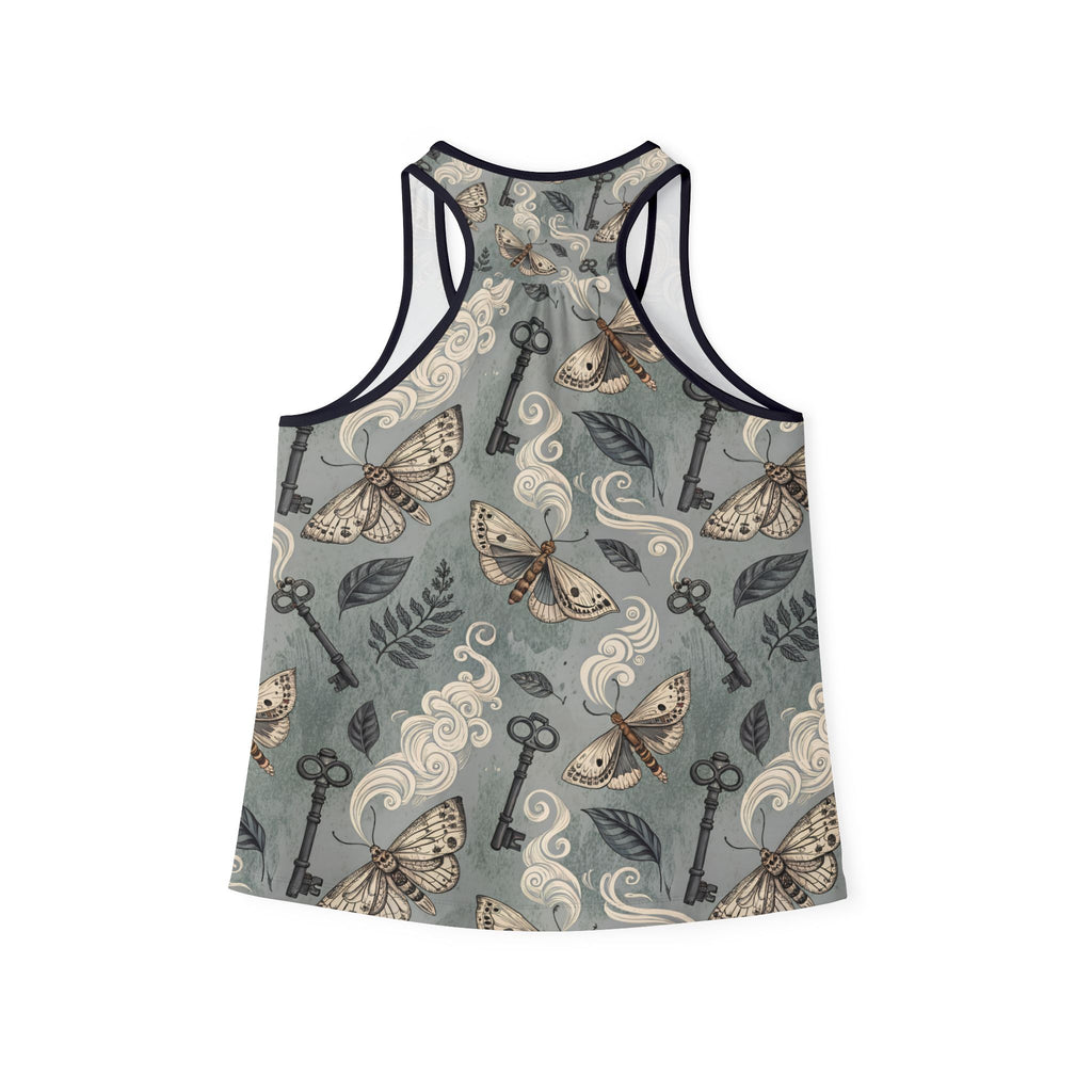 Tank top with moth and key pattern on a gray background