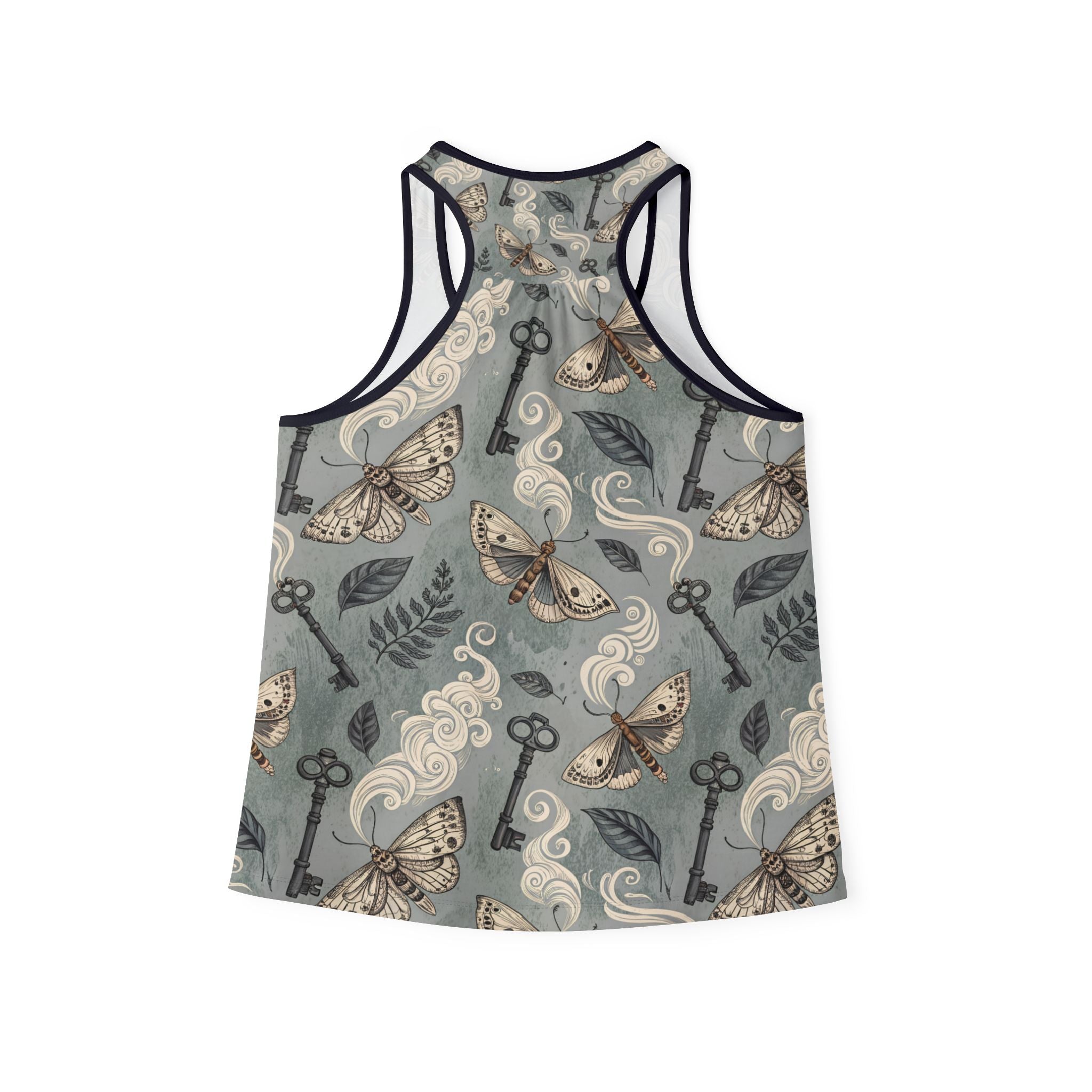 Tank top with moth and key pattern on a gray background