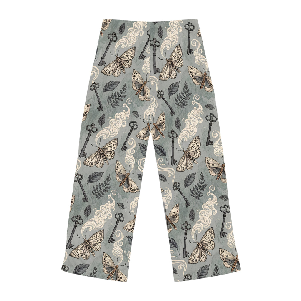 Pants with a pattern of butterflies, keys, and leaves on a gray background