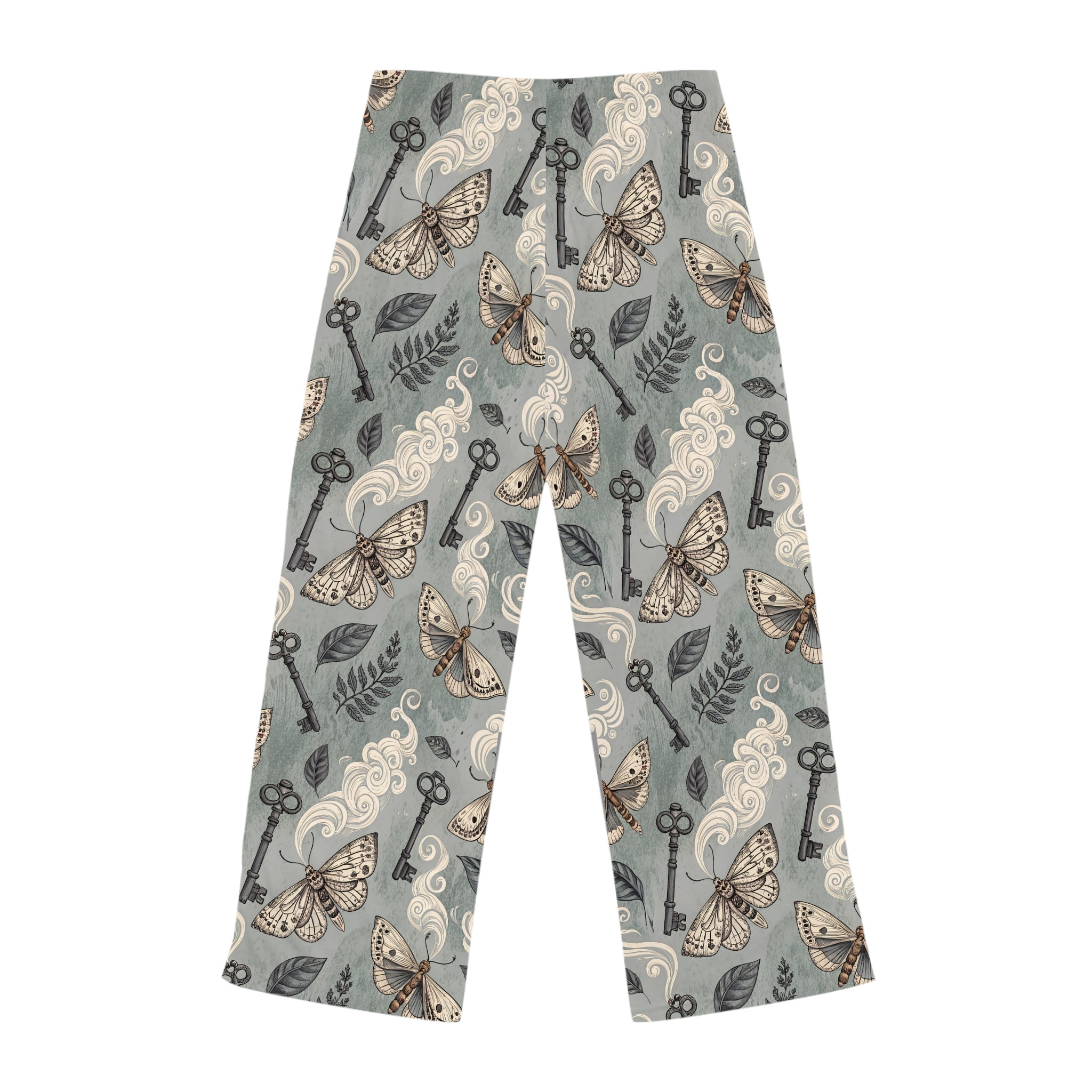 Pants with a pattern of butterflies, keys, and leaves on a gray background