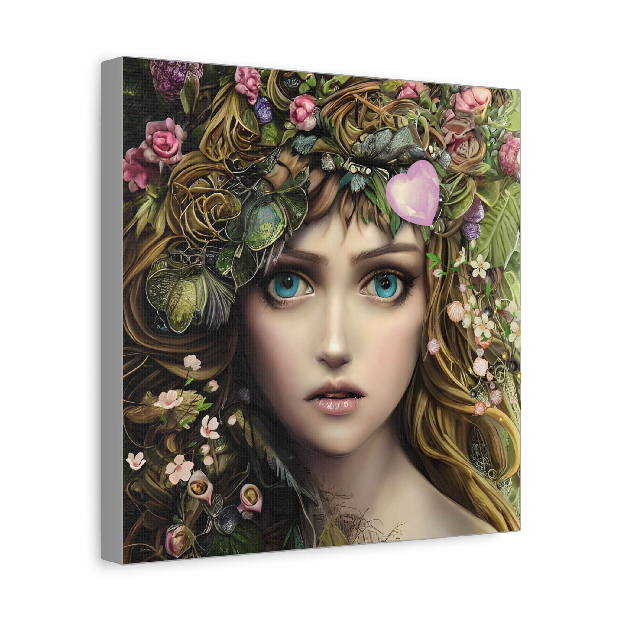 Artistic depiction of a woman's face with floral and leafy wreath on a white background