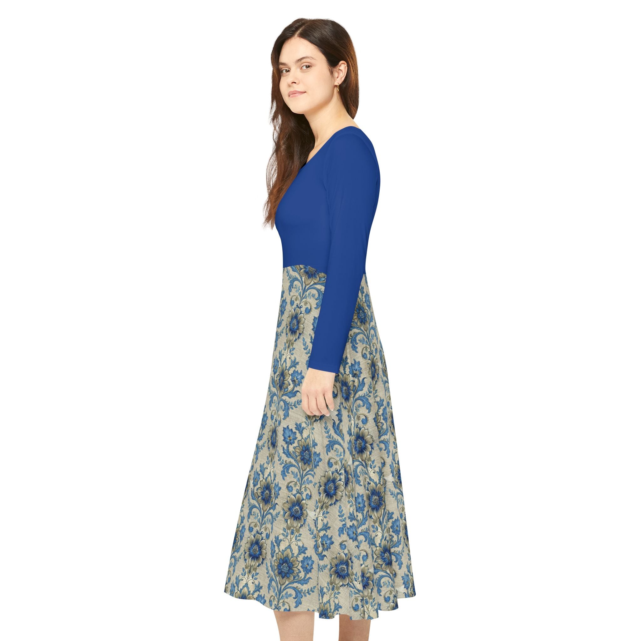 Model wearing a blue Victorian print dress on a white background