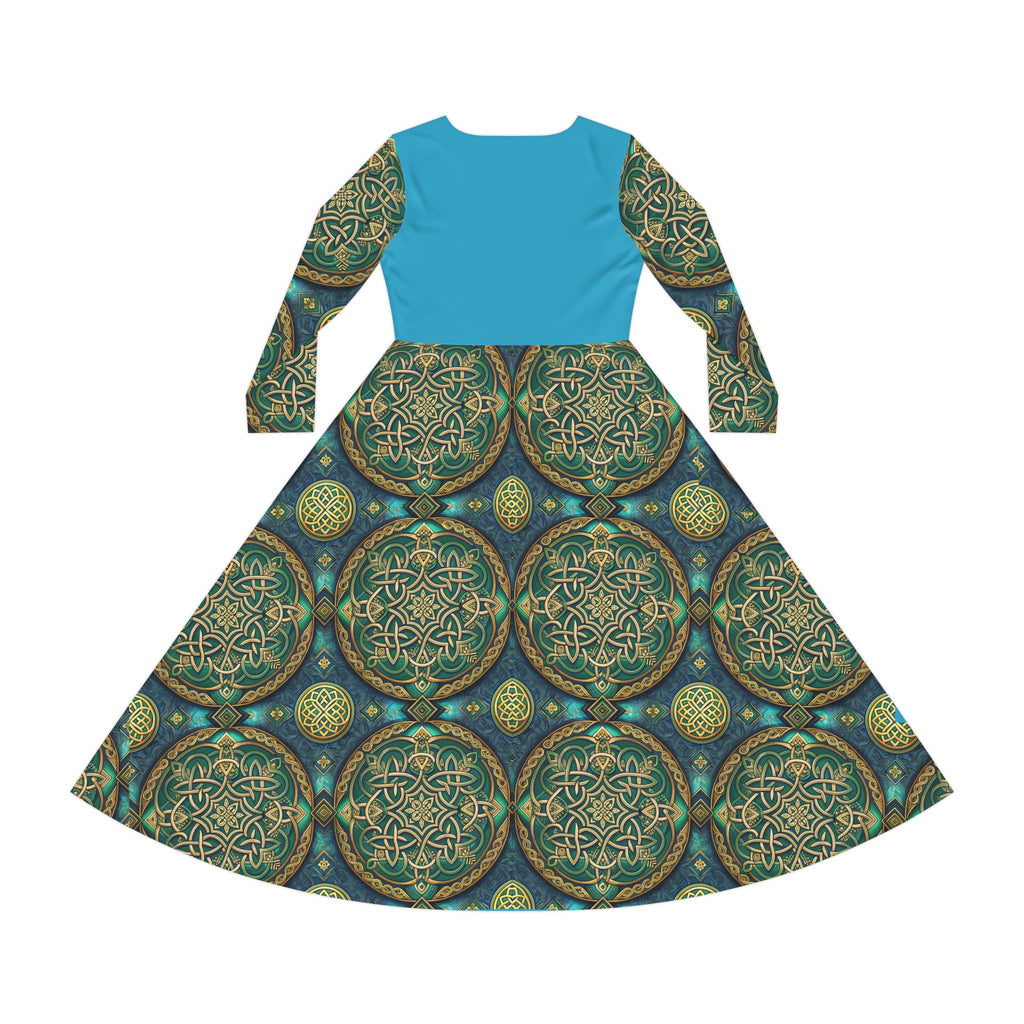 Dress with blue top and green Celtic knot patterned skirt on a white background