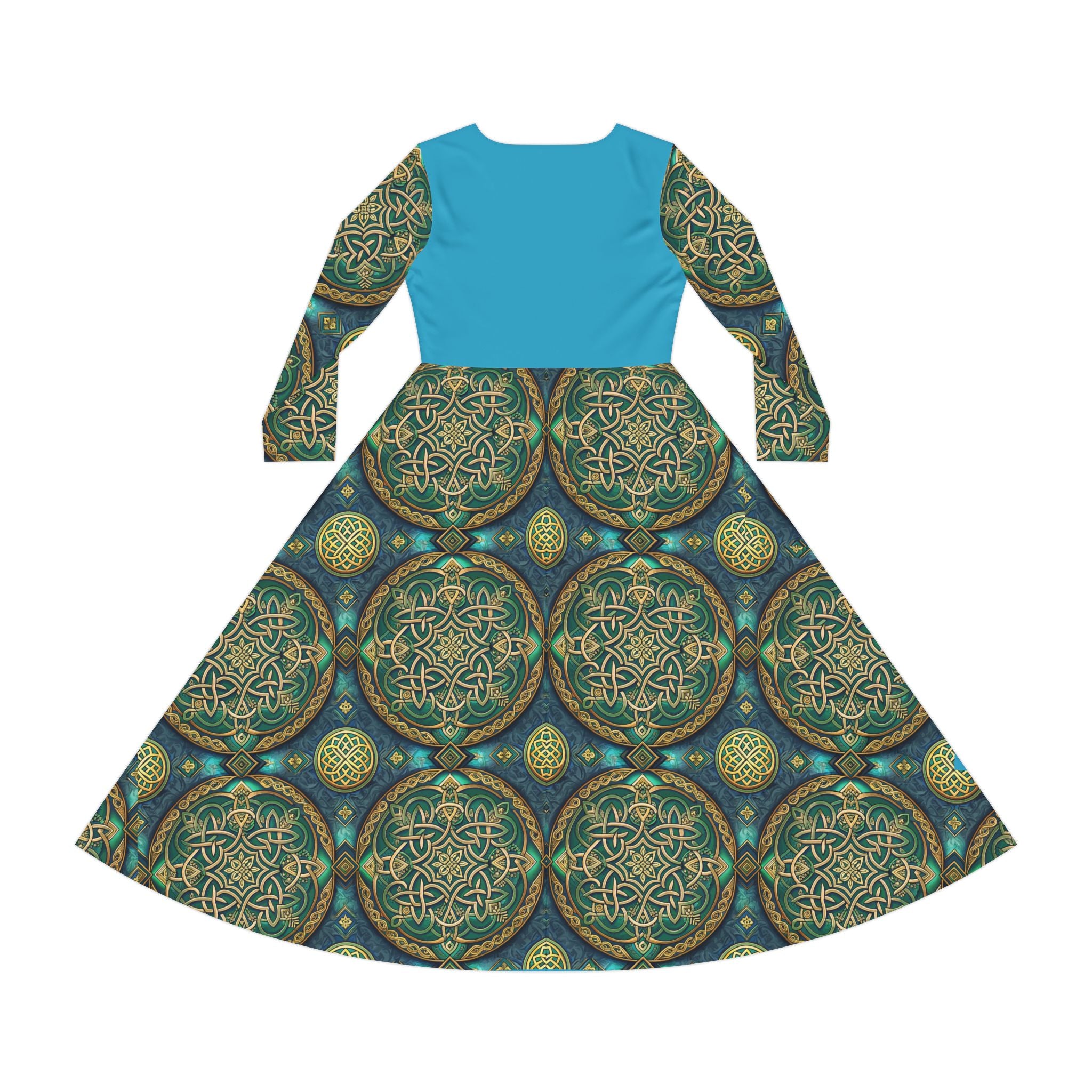 Dress with blue top and green Celtic knot patterned skirt on a white background