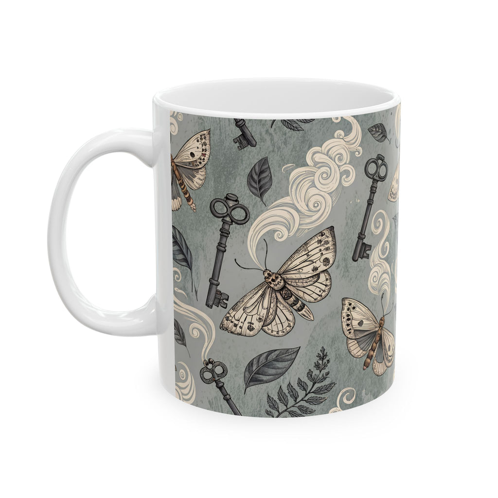 mug with moth and vintage keys on a gray background