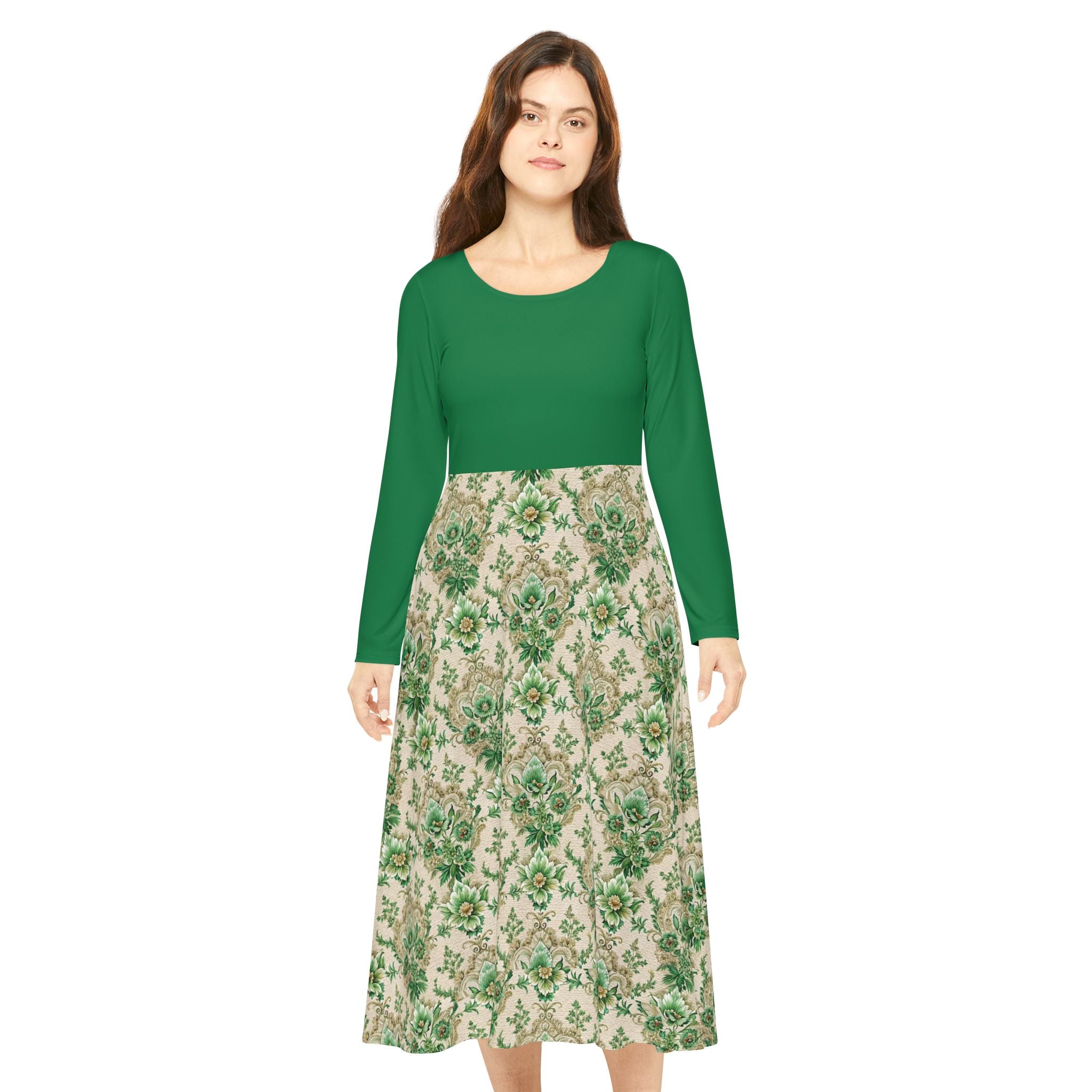 Model wearing a Green Victorian print dress on a white background