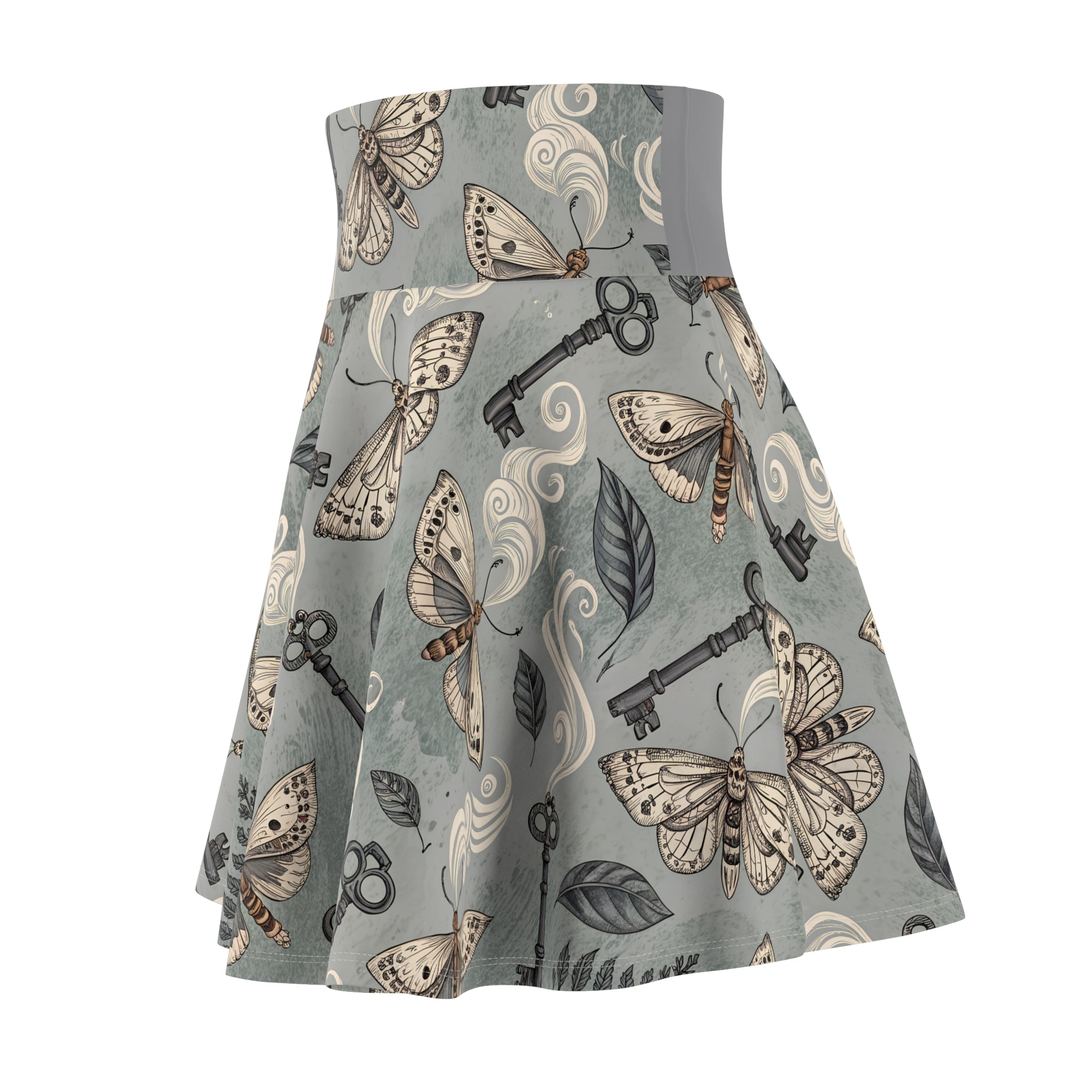 Skirt with moth and key pattern on a gray background
