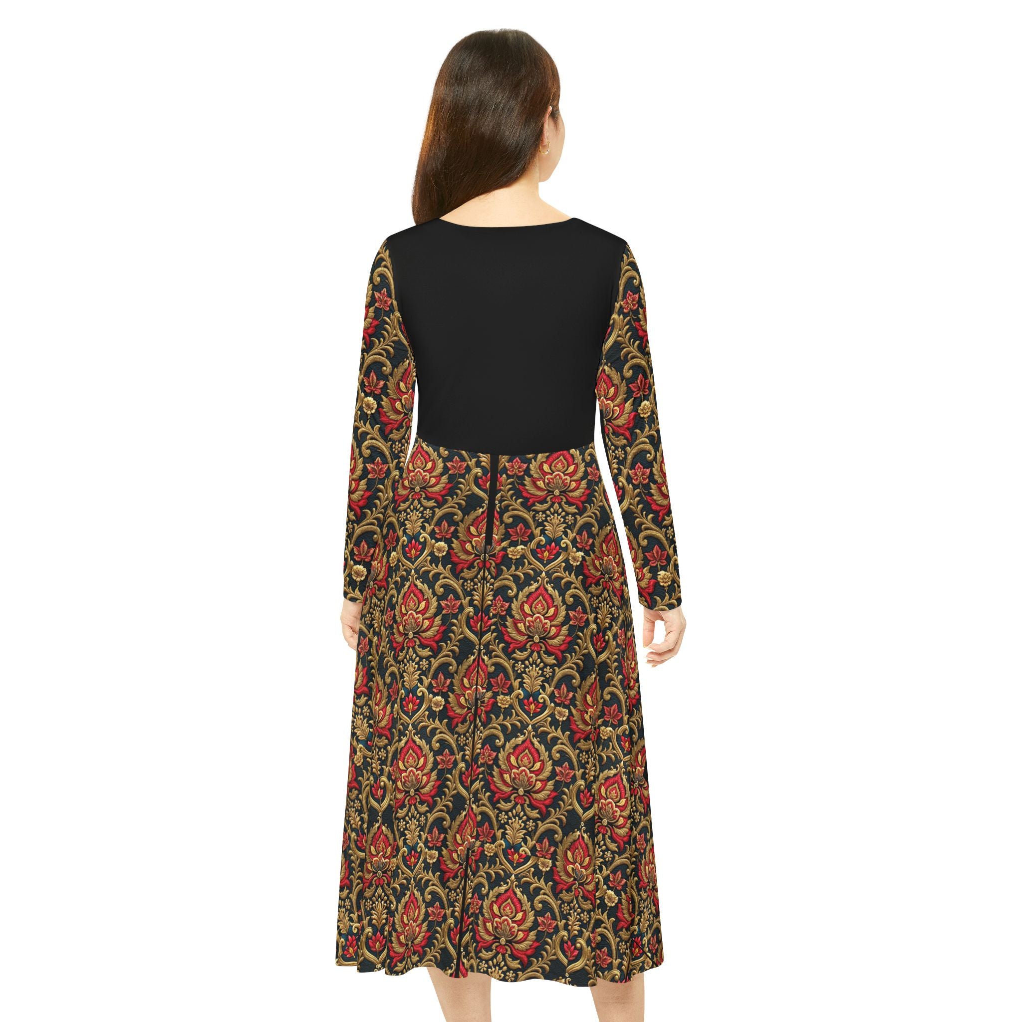 Model wearing a red Victorian print dress on a white background